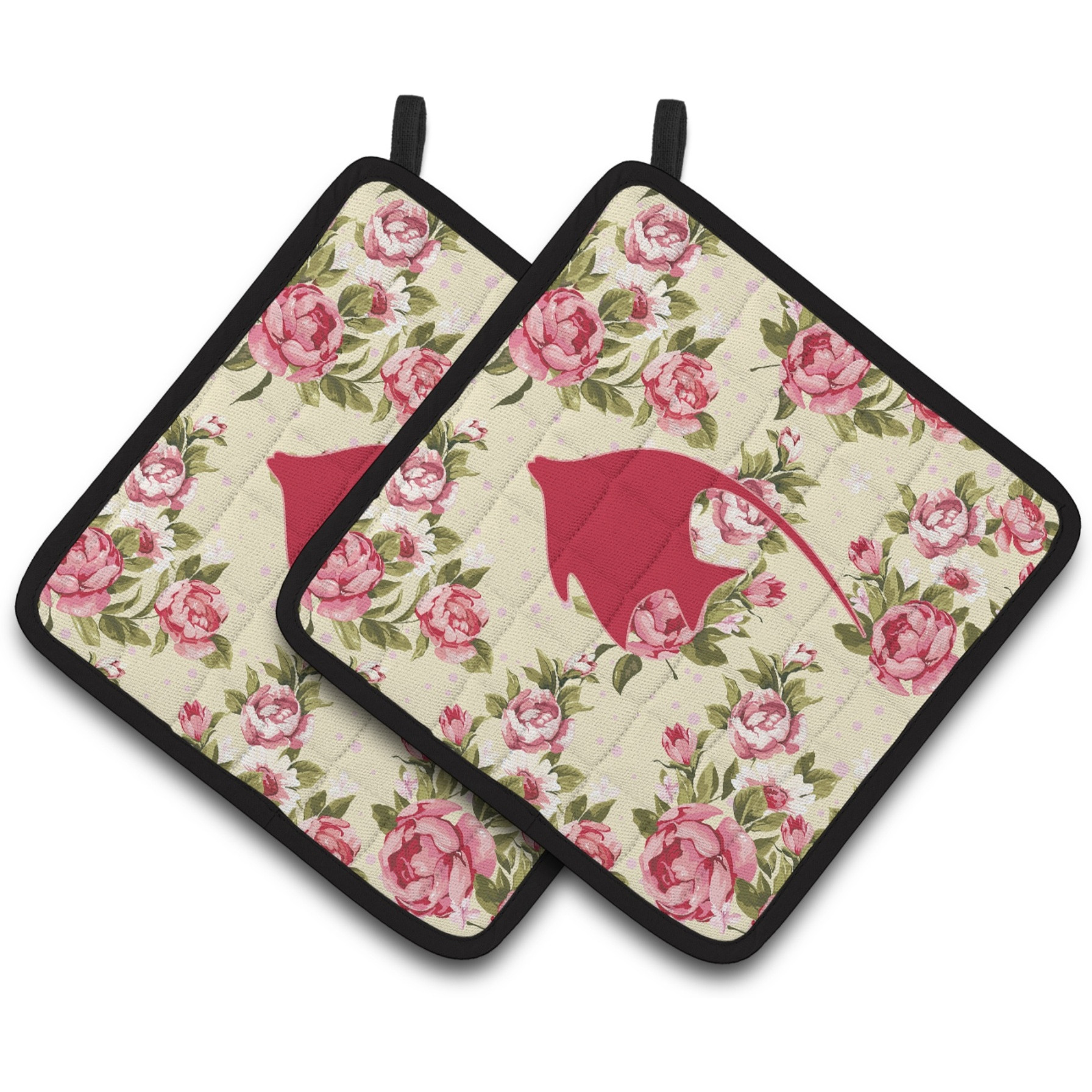 &quotCaroline's Treasures Fish - Angel Fish Shabby Chic Yellow Roses Pair of Pot Holders BB1019-RS-YW-PTHD, 7.5HX7.5W, Multicolor"