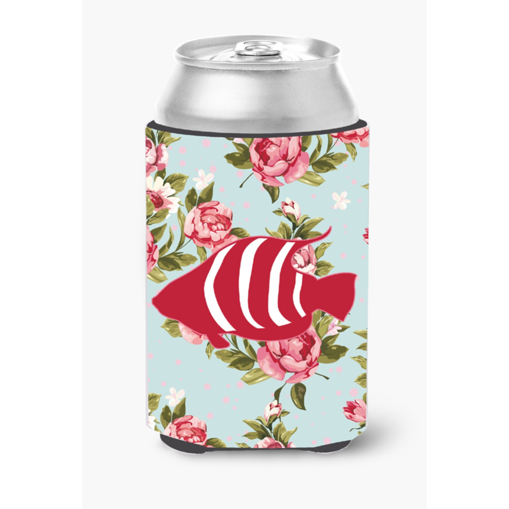 Fish Shabby Chic Blue Roses Can or Bottle Beverage Insulator Hugger BB1020