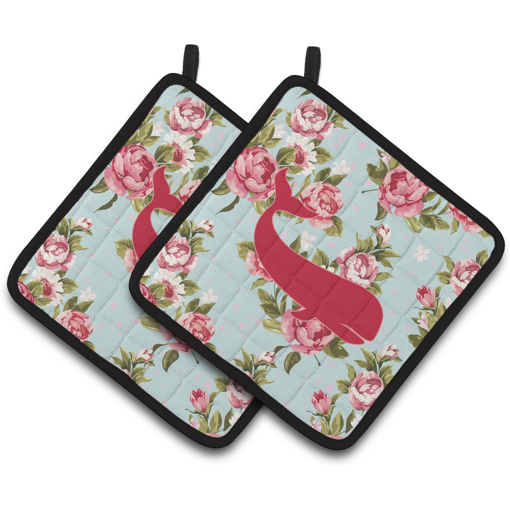 &quotCaroline's Treasures Whale Shabby Chic Blue Roses Pair of Pot Holders BB1021-RS-BU-PTHD, 7.5HX7.5W, Multicolor"