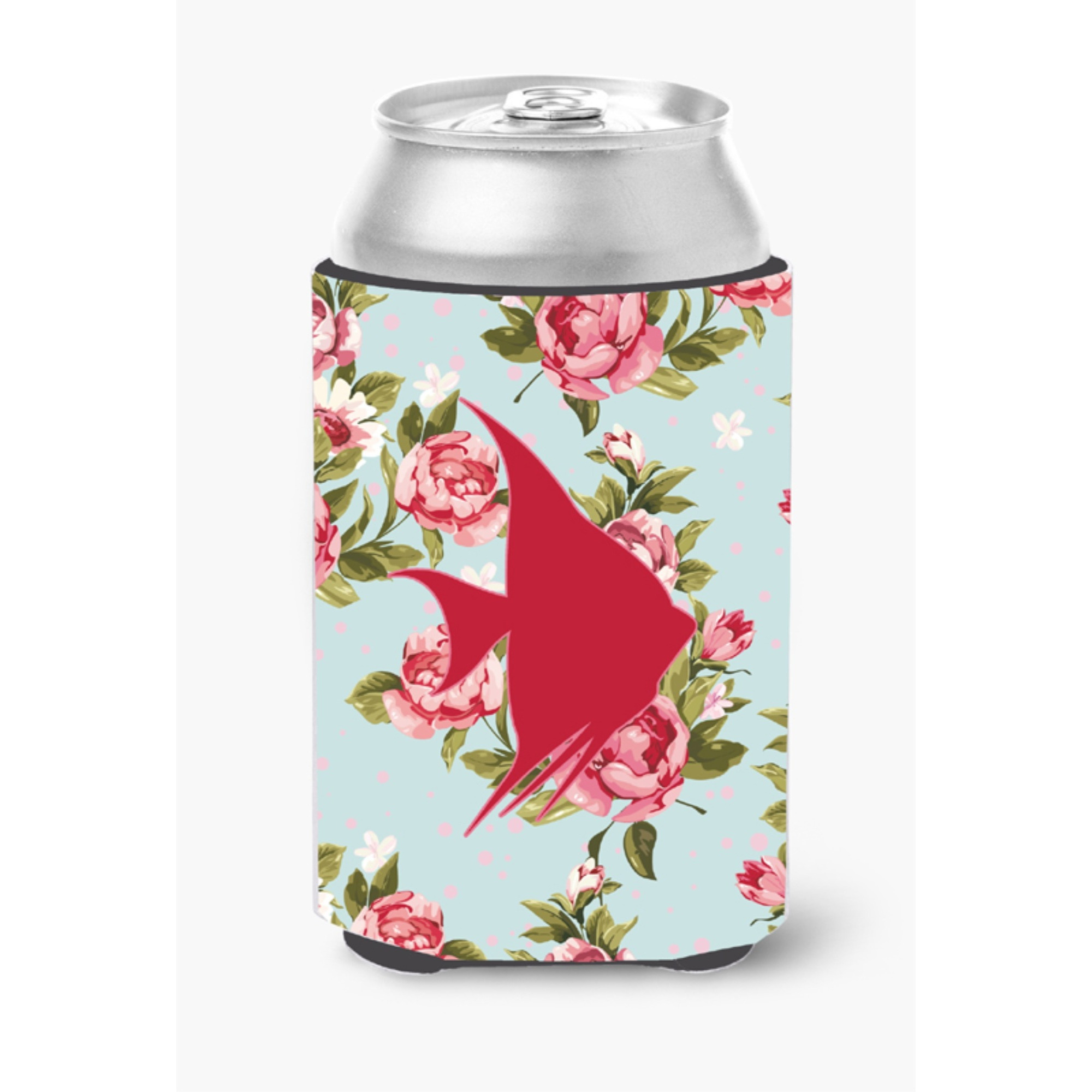 Fish - Angel Fish Shabby Chic Blue Roses Can or Bottle Beverage Insulator Hugger BB1022