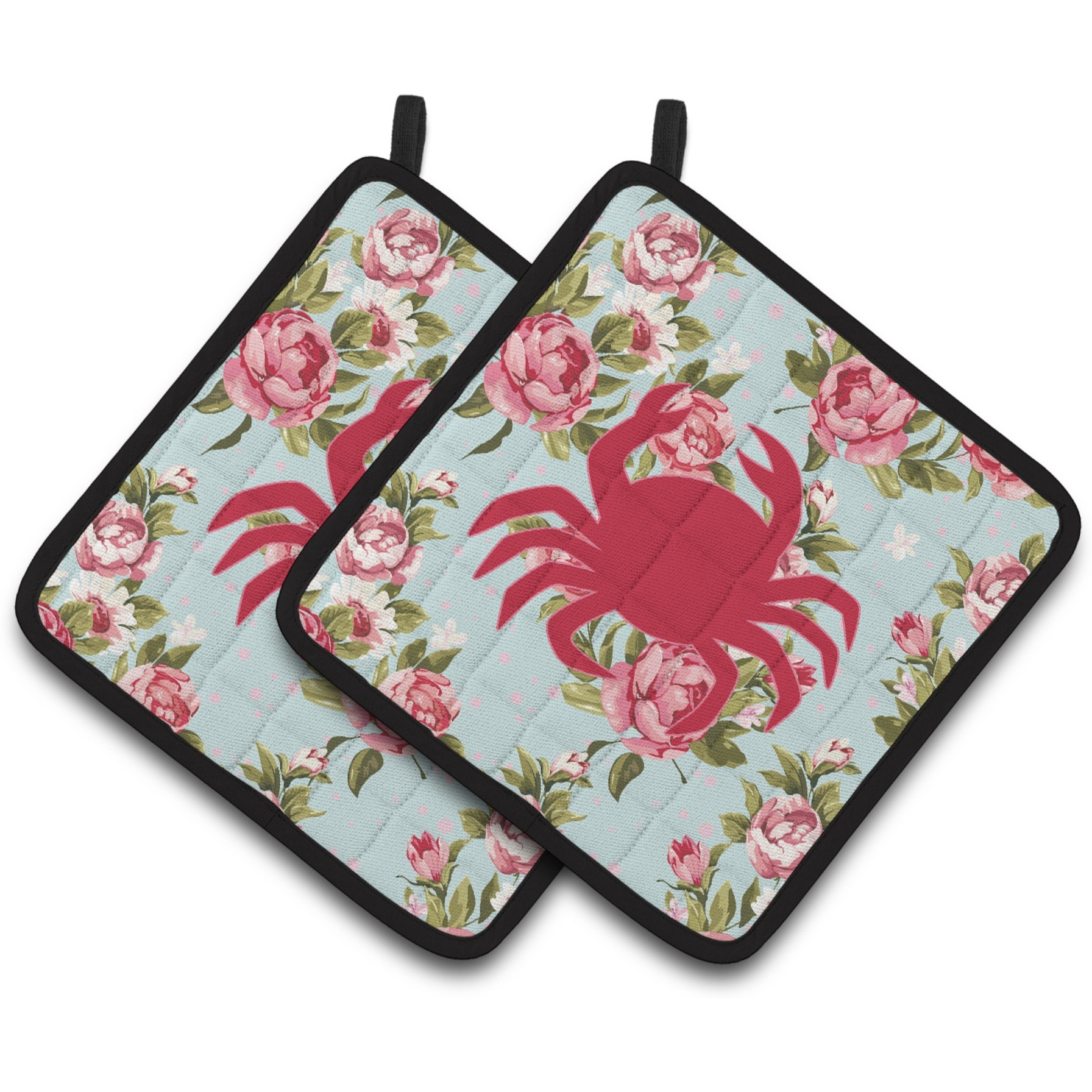 &quotCaroline's Treasures Crab Shabby Chic Blue Roses Pair of Pot Holders BB1024-RS-BU-PTHD, 7.5HX7.5W, Multicolor"
