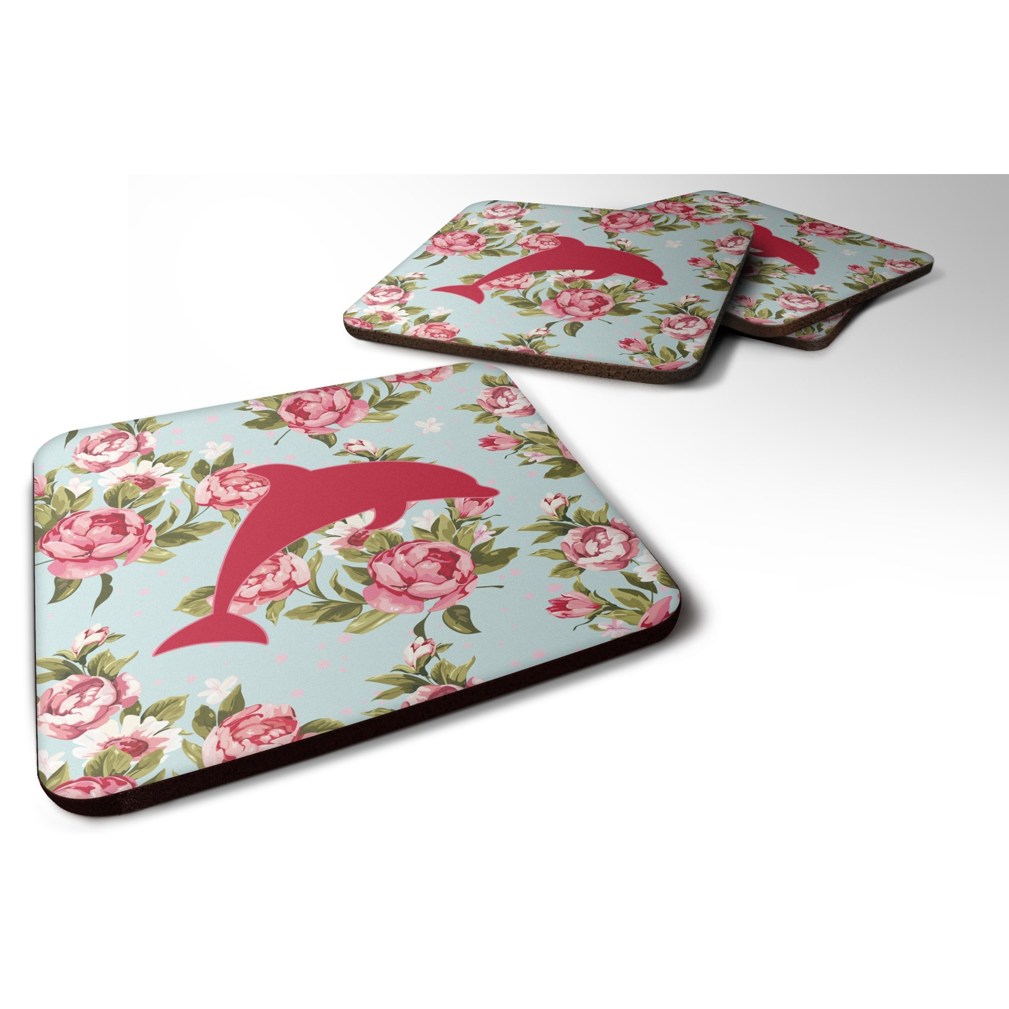 &quotCaroline's Treasures BB1025-RS-BU-FC Dolphin Shabby Chic Blue Roses Foam Coasters (Set of 4), 3.5"" H x 3.5"" W, Multicolor"