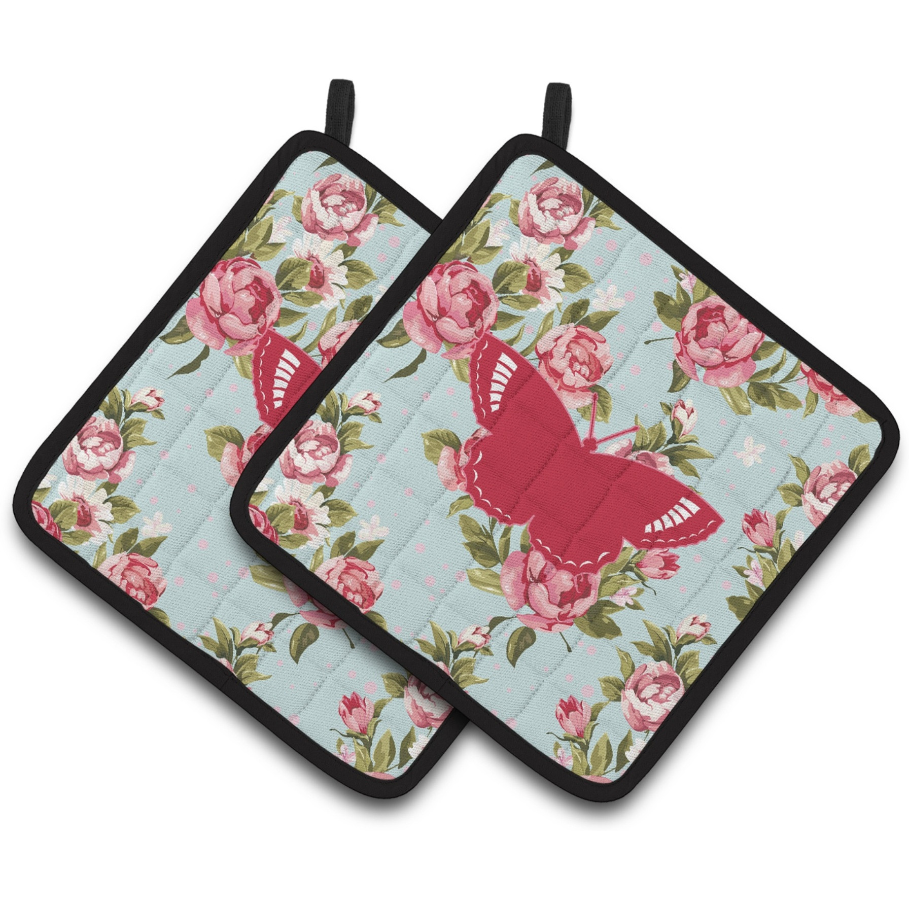&quotCaroline's Treasures Butterfly Shabby Chic Blue Roses Pair of Pot Holders BB1029-RS-BU-PTHD, 7.5HX7.5W, Multicolor"