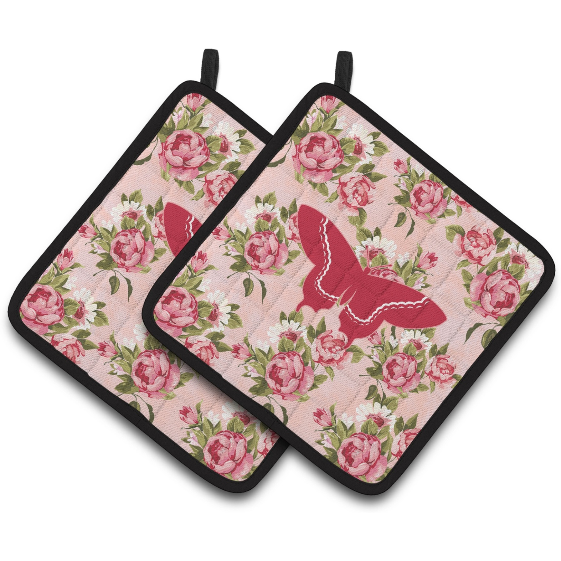 &quotCaroline's Treasures Butterfly Shabby Chic Pink Roses Pair of Pot Holders BB1030-RS-PK-PTHD, 7.5HX7.5W, Multicolor"