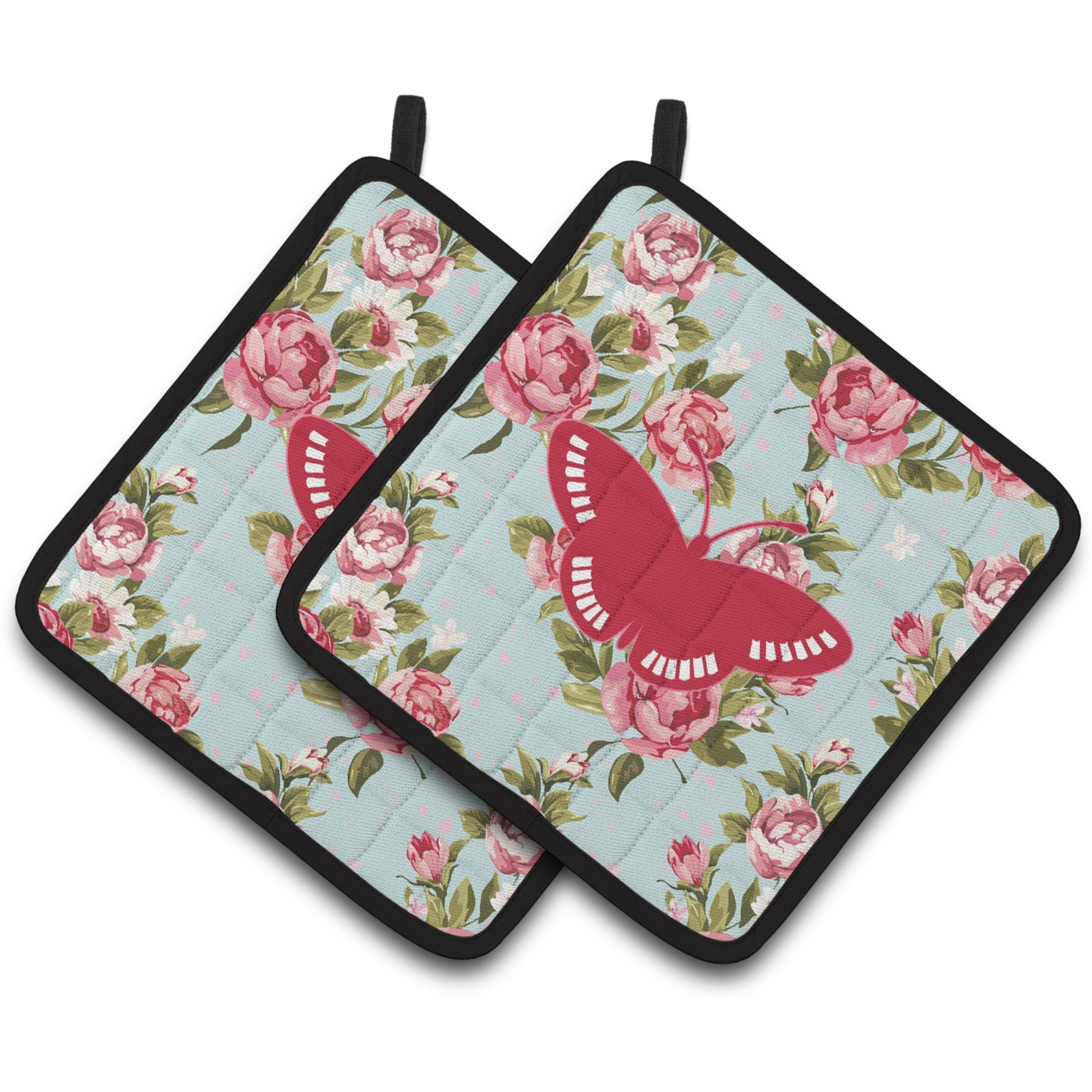 &quotCaroline's Treasures Butterfly Shabby Chic Blue Roses Pair of Pot Holders BB1031-RS-BU-PTHD, 7.5HX7.5W, Multicolor"