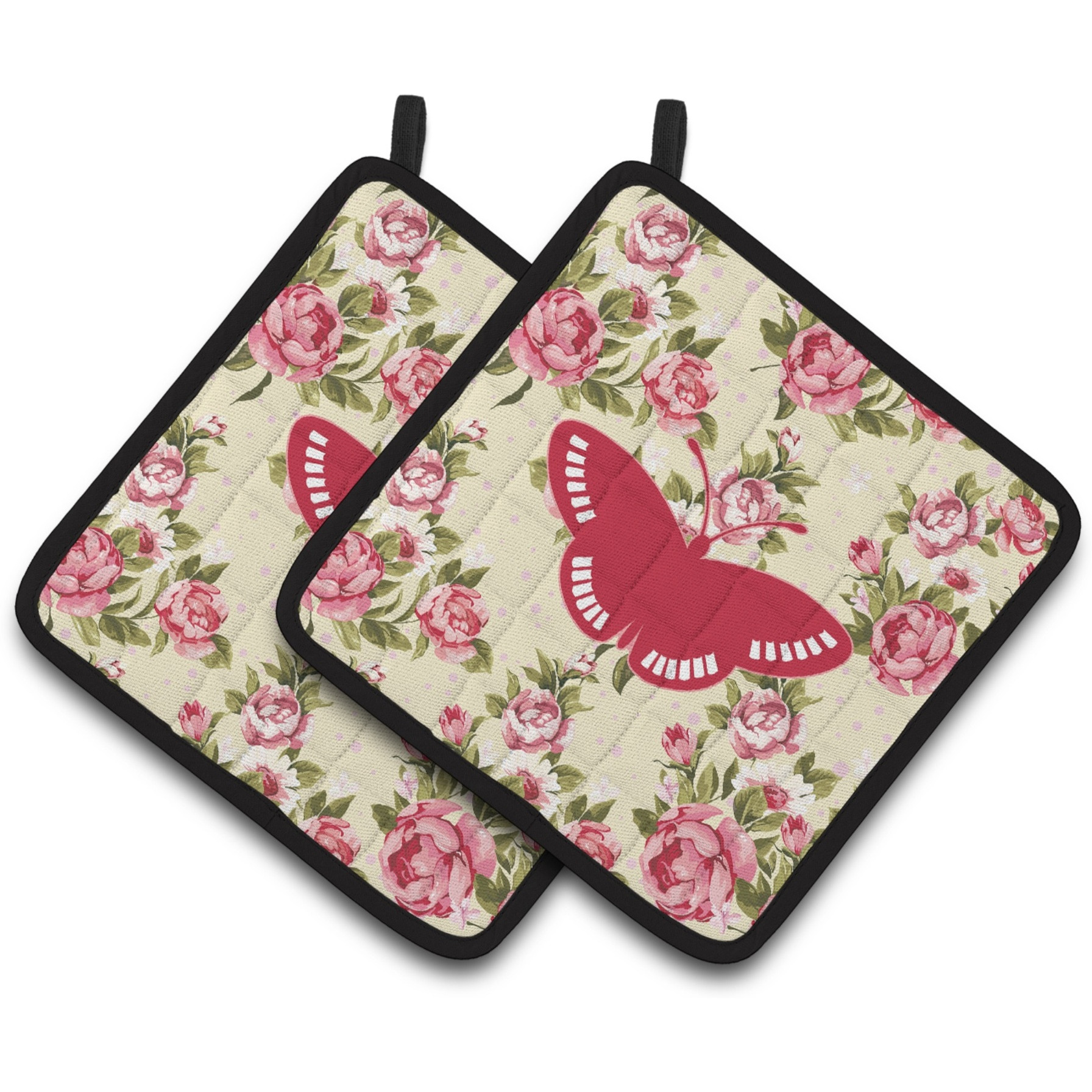 &quotCaroline's Treasures Butterfly Shabby Chic Yellow Roses Pair of Pot Holders BB1031-RS-YW-PTHD, 7.5HX7.5W, Multicolor"