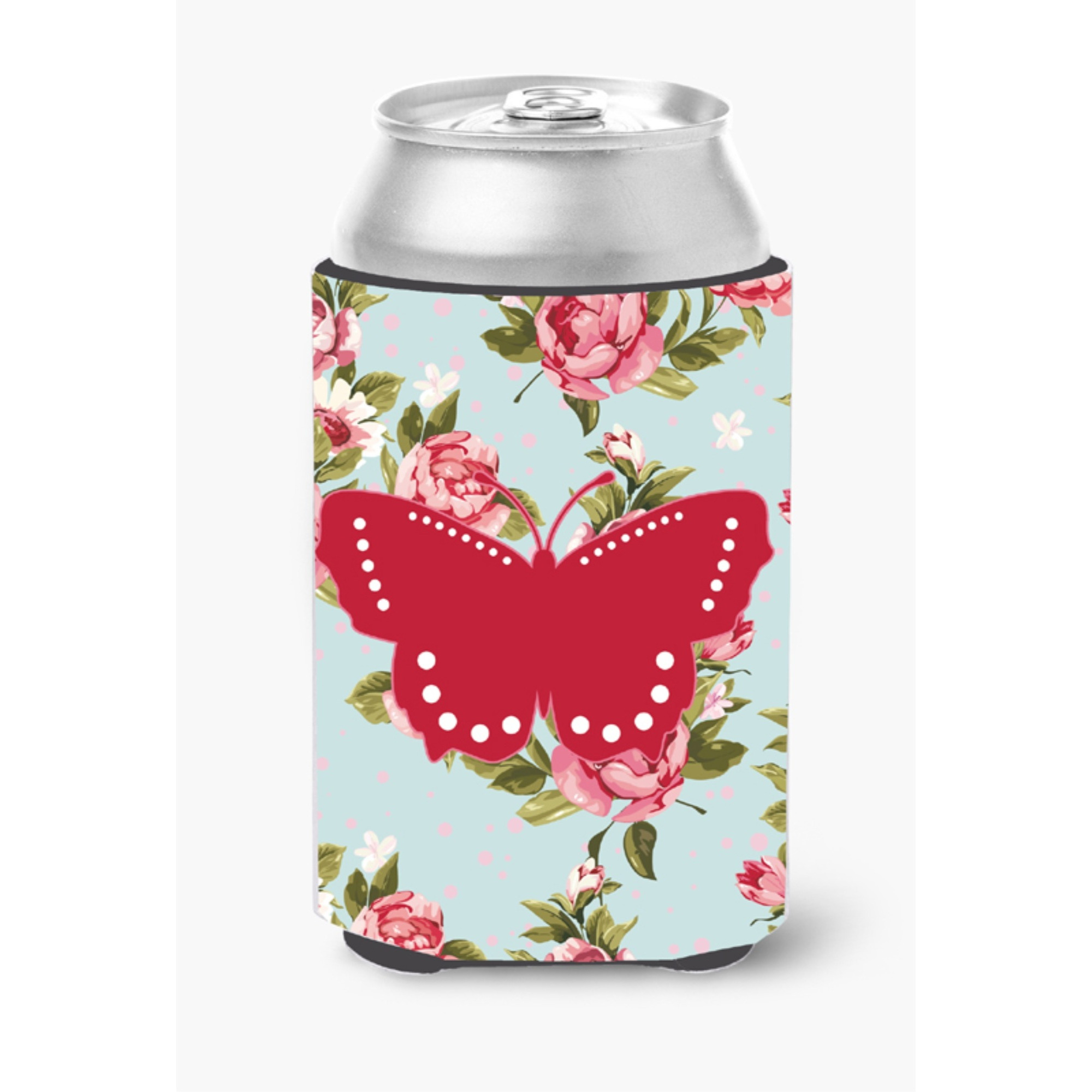 Butterfly Shabby Chic Blue Roses Can or Bottle Beverage Insulator Hugger BB1033