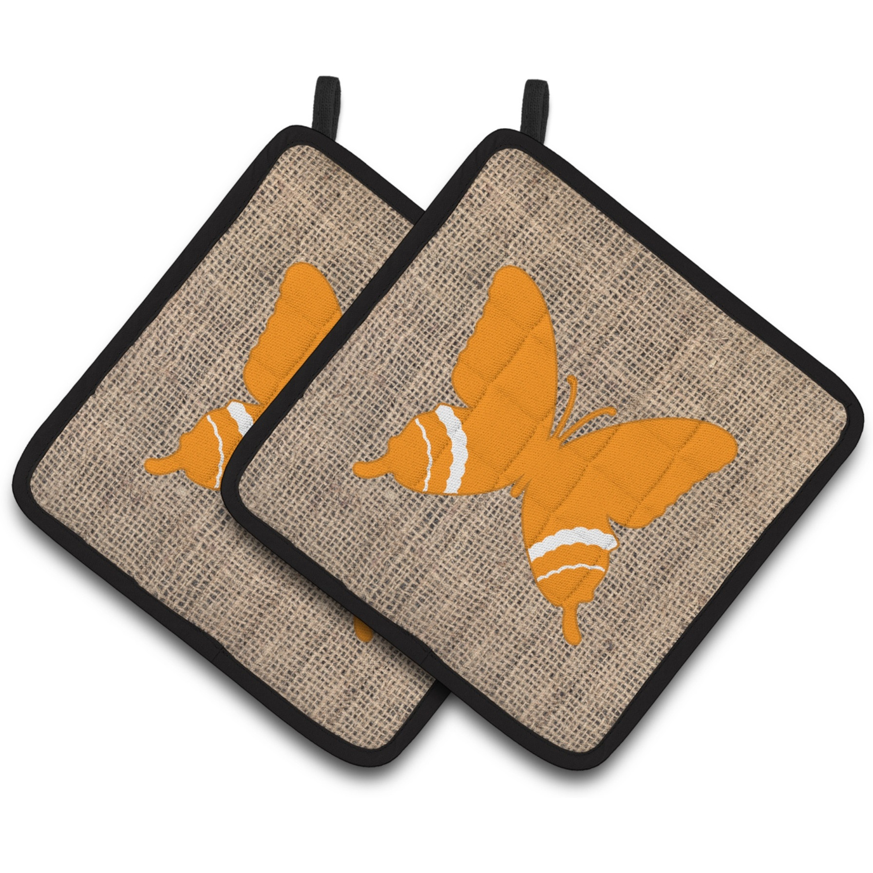 &quotCaroline's Treasures Butterfly Faux Burlap & Orange Pair of Pot Holders BB1034-BL-OR-PTHD, 7.5HX7.5W, Multicolor"