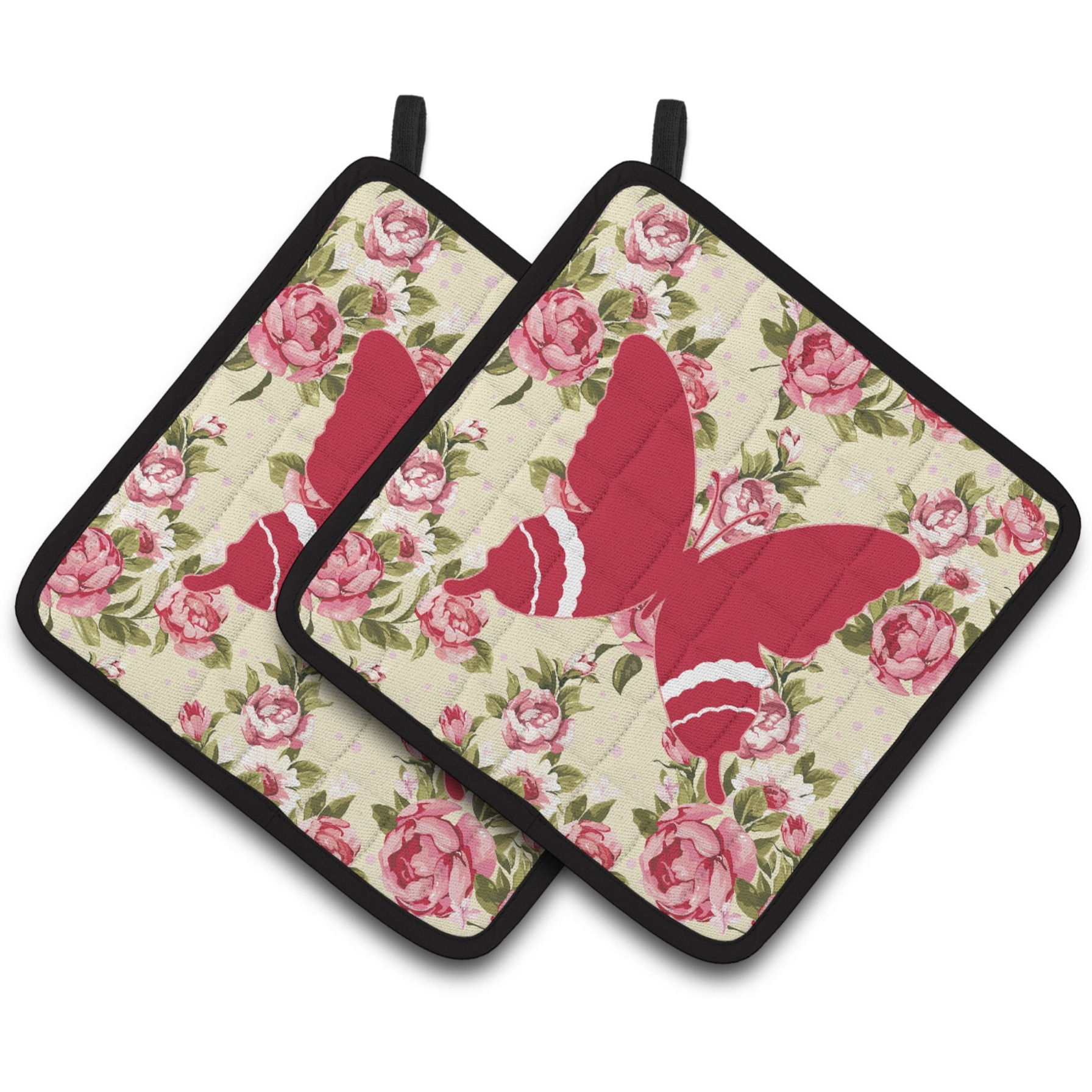 &quotCaroline's Treasures Butterfly Shabby Chic Yellow Roses Pair of Pot Holders BB1034-RS-YW-PTHD, 7.5HX7.5W, Multicolor"