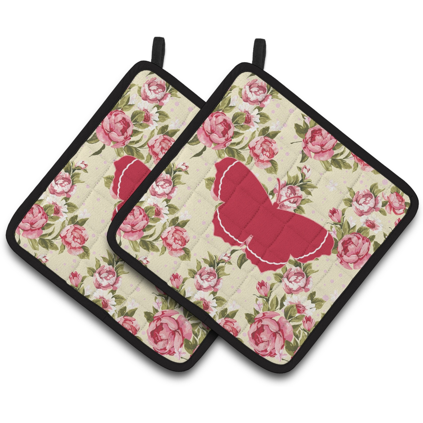 &quotCaroline's Treasures Butterfly Shabby Chic Yellow Roses Pair of Pot Holders BB1037-RS-YW-PTHD, 7.5HX7.5W, Multicolor"