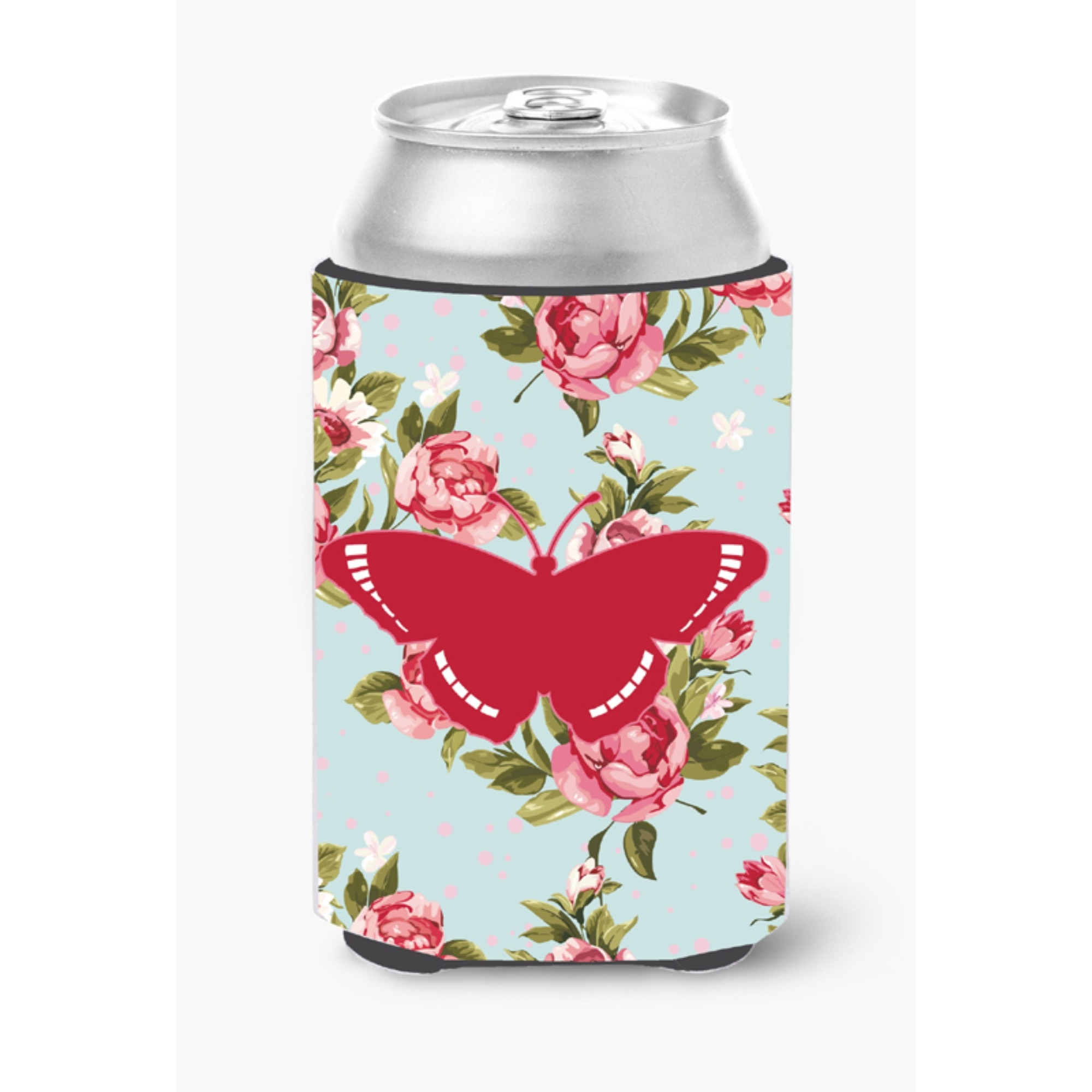 Butterfly Shabby Chic Blue Roses Can or Bottle Beverage Insulator Hugger BB1038