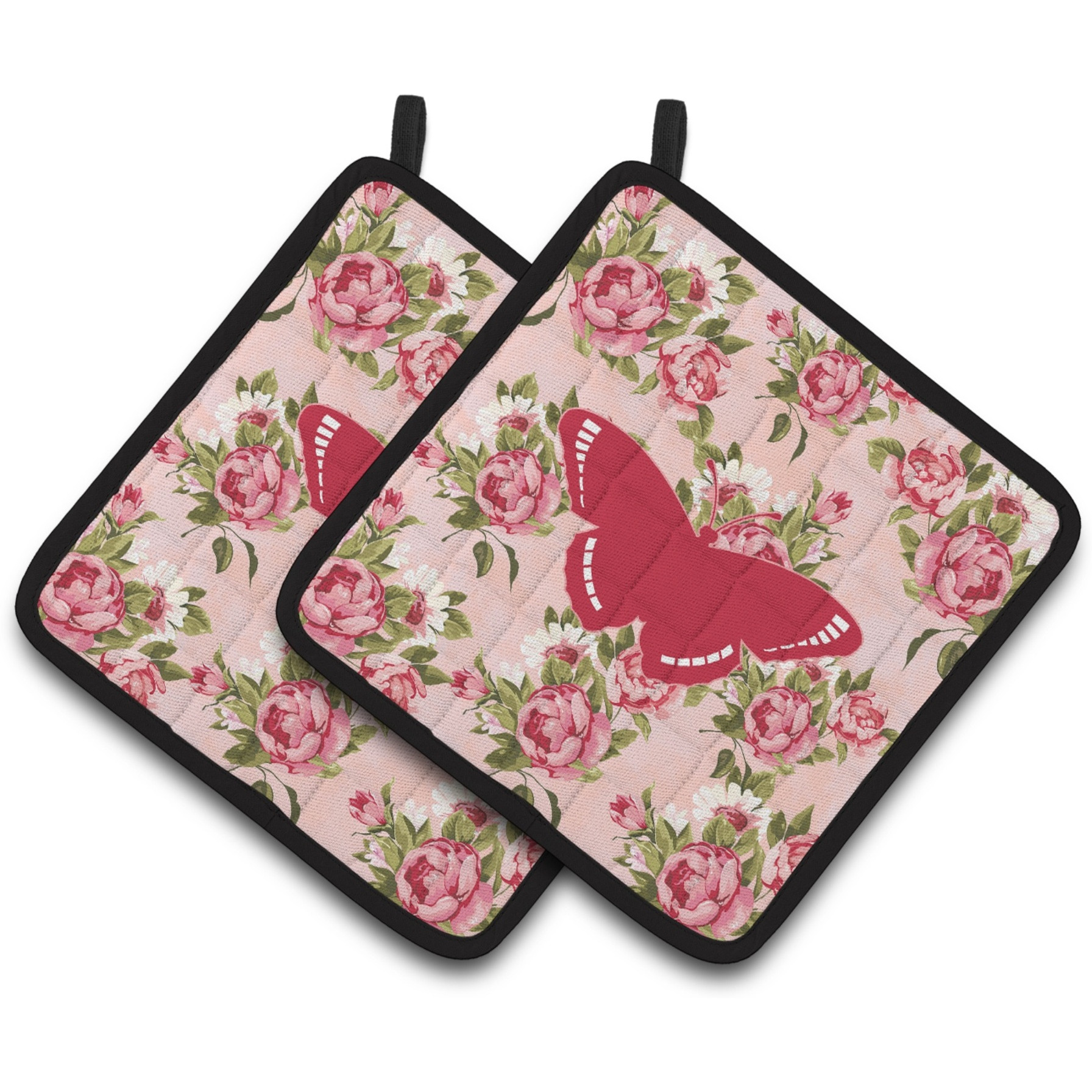 &quotCaroline's Treasures Butterfly Shabby Chic Pink Roses Pair of Pot Holders BB1038-RS-PK-PTHD, 7.5HX7.5W, Multicolor"