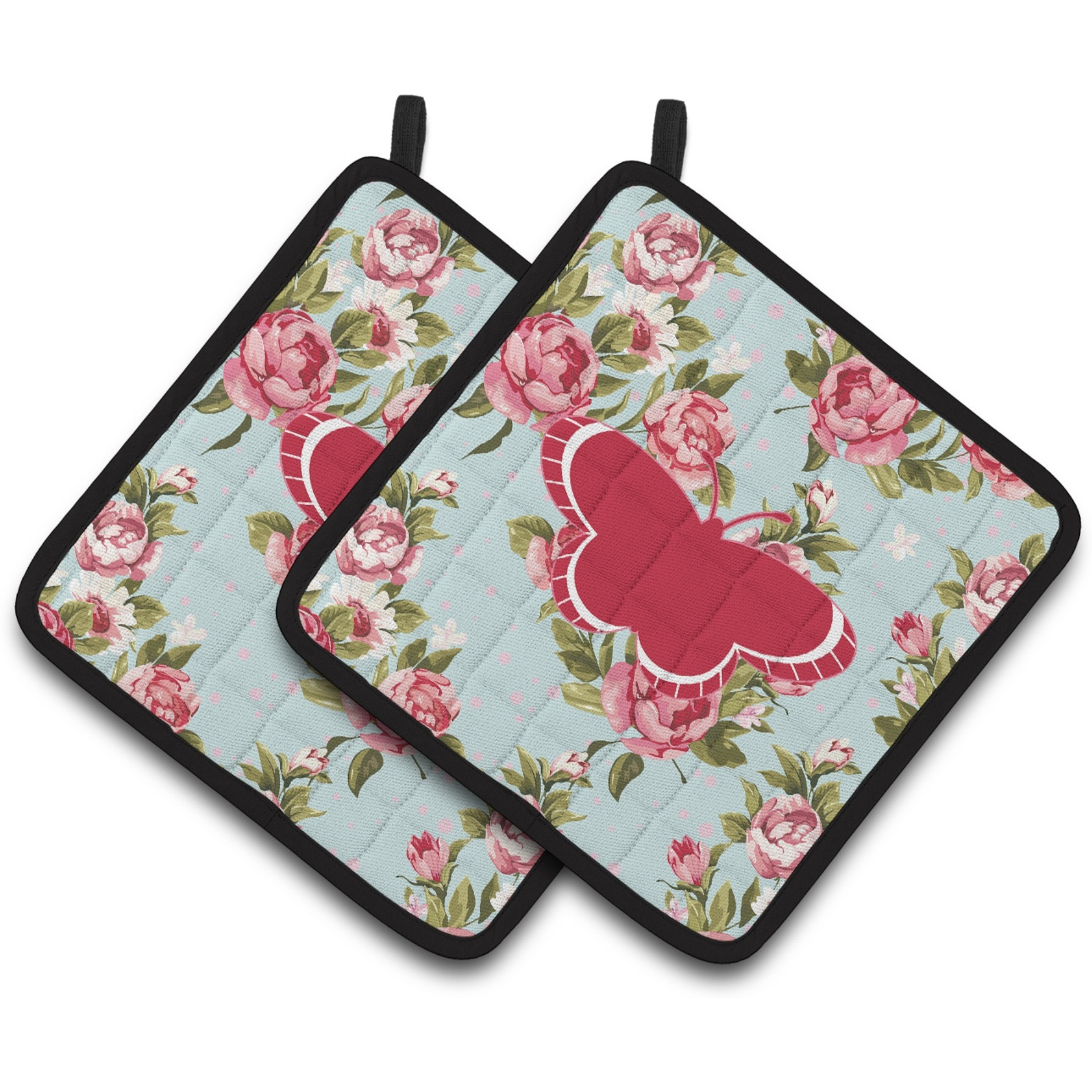 &quotCaroline's Treasures Butterfly Shabby Chic Blue Roses Pair of Pot Holders BB1039-RS-BU-PTHD, 7.5HX7.5W, Multicolor"