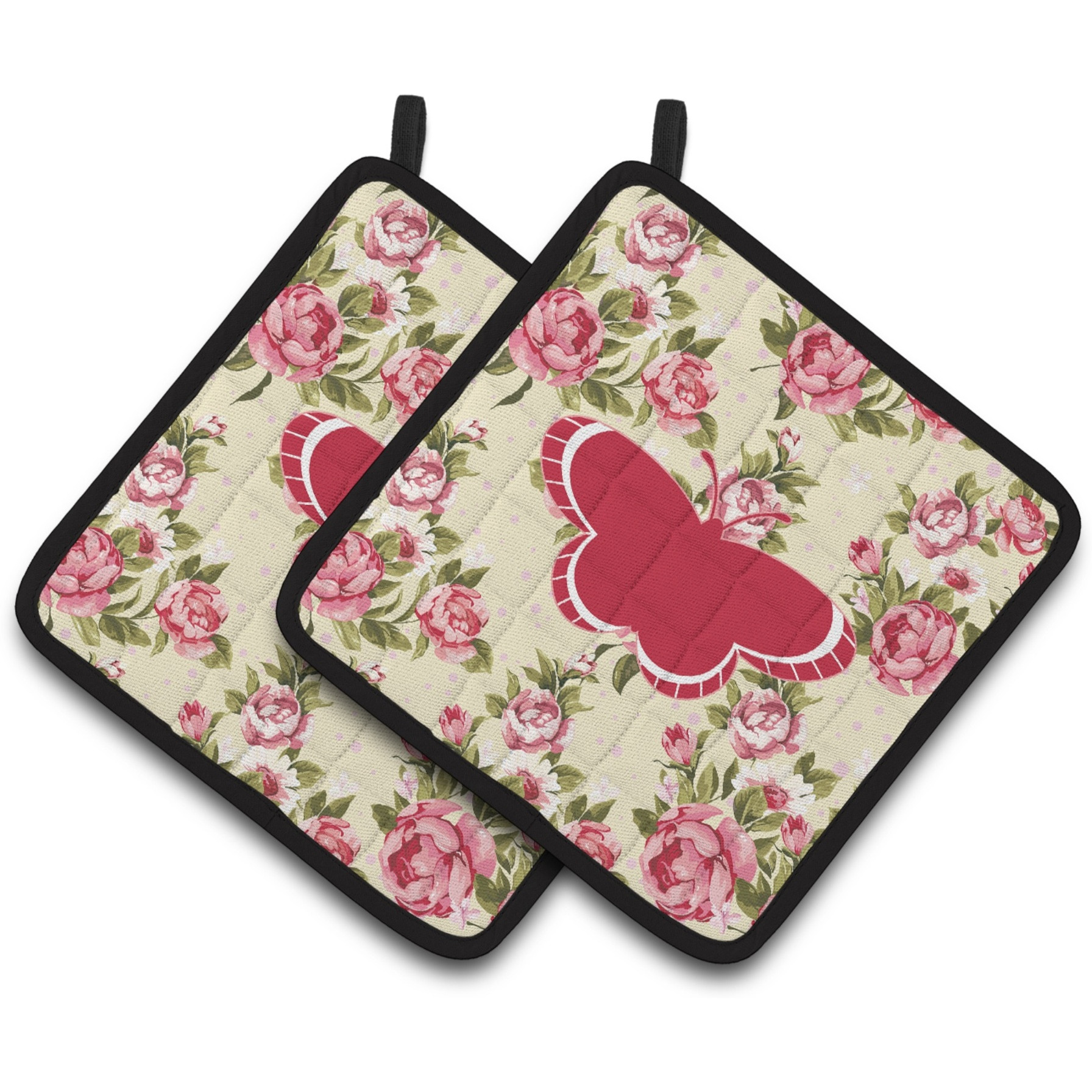 &quotCaroline's Treasures Butterfly Shabby Chic Yellow Roses Pair of Pot Holders BB1039-RS-YW-PTHD, 7.5HX7.5W, Multicolor"