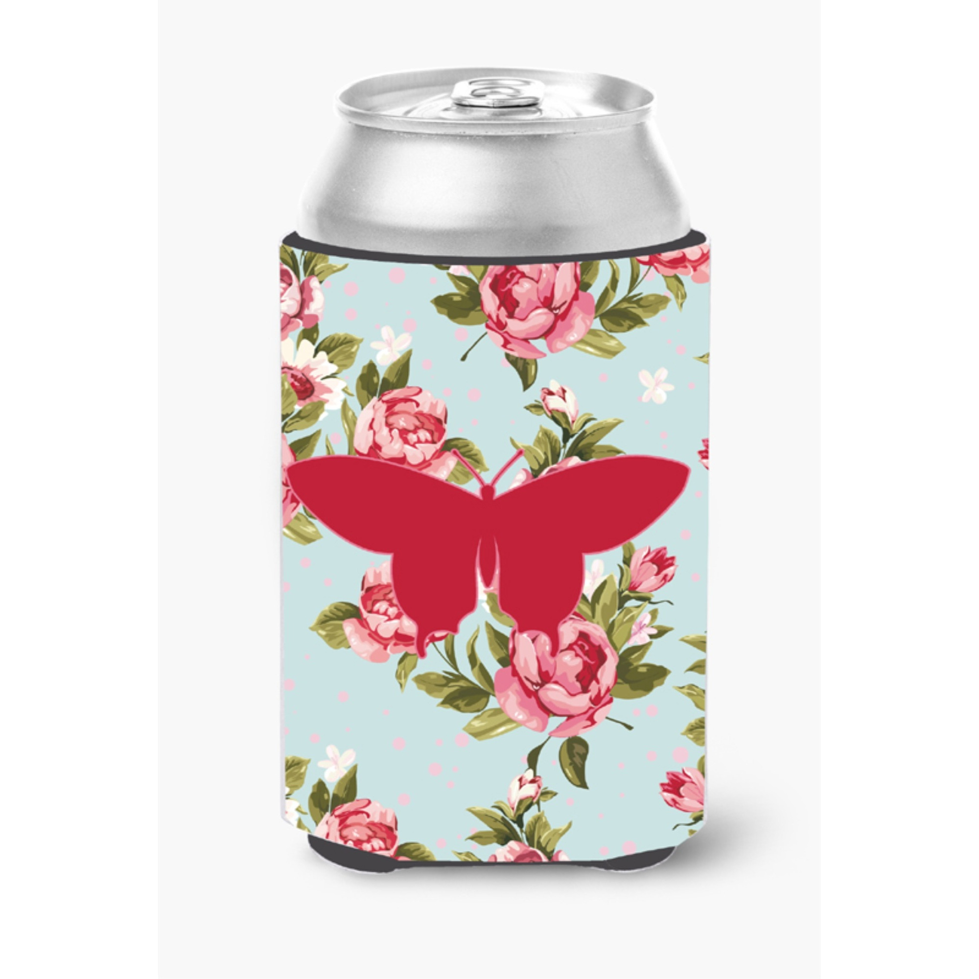 Butterfly Shabby Chic Blue Roses Can or Bottle Beverage Insulator Hugger BB1042