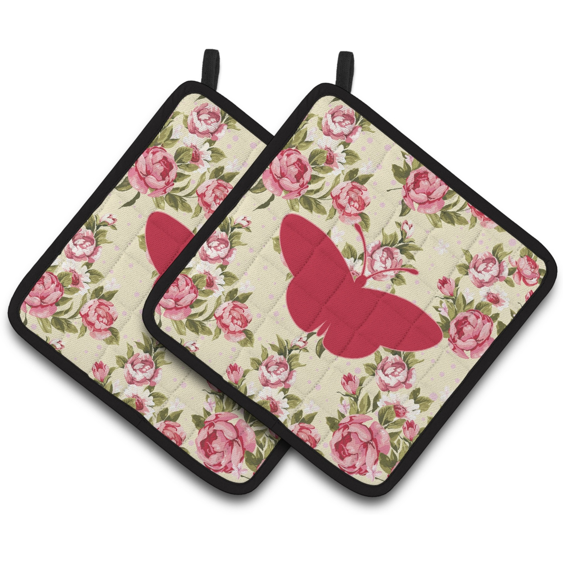 &quotCaroline's Treasures Butterfly Shabby Chic Yellow Roses Pair of Pot Holders BB1043-RS-YW-PTHD, 7.5HX7.5W, Multicolor"