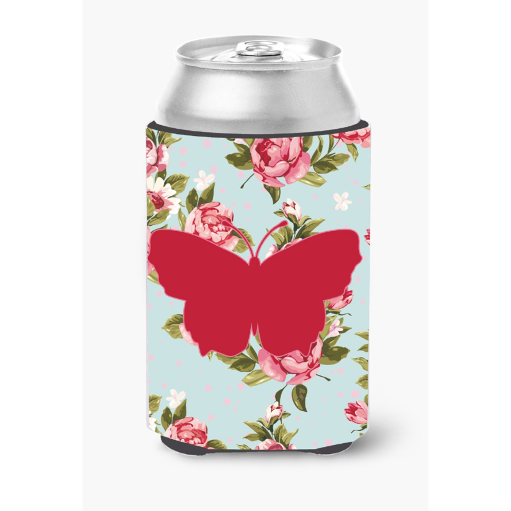 Butterfly Shabby Chic Blue Roses Can or Bottle Beverage Insulator Hugger BB1045