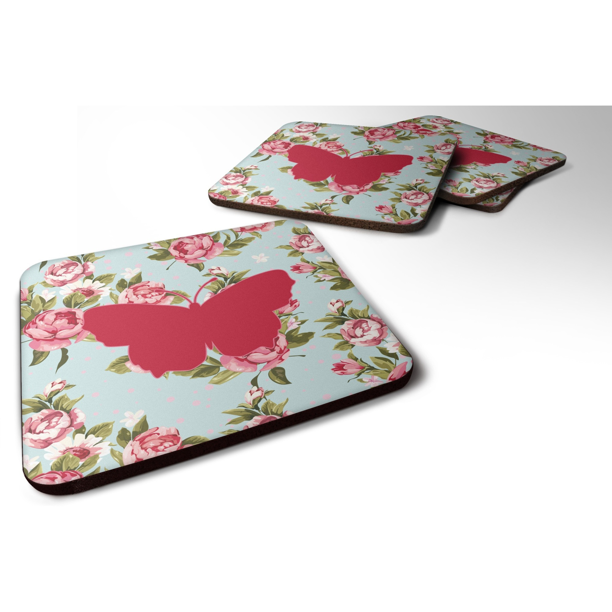 &quotCaroline's Treasures BB1045-RS-BU-FC Butterfly Shabby Chic Blue Roses Foam Coasters (Set of 4), 3.5"" H x 3.5"" W, Multicolor"