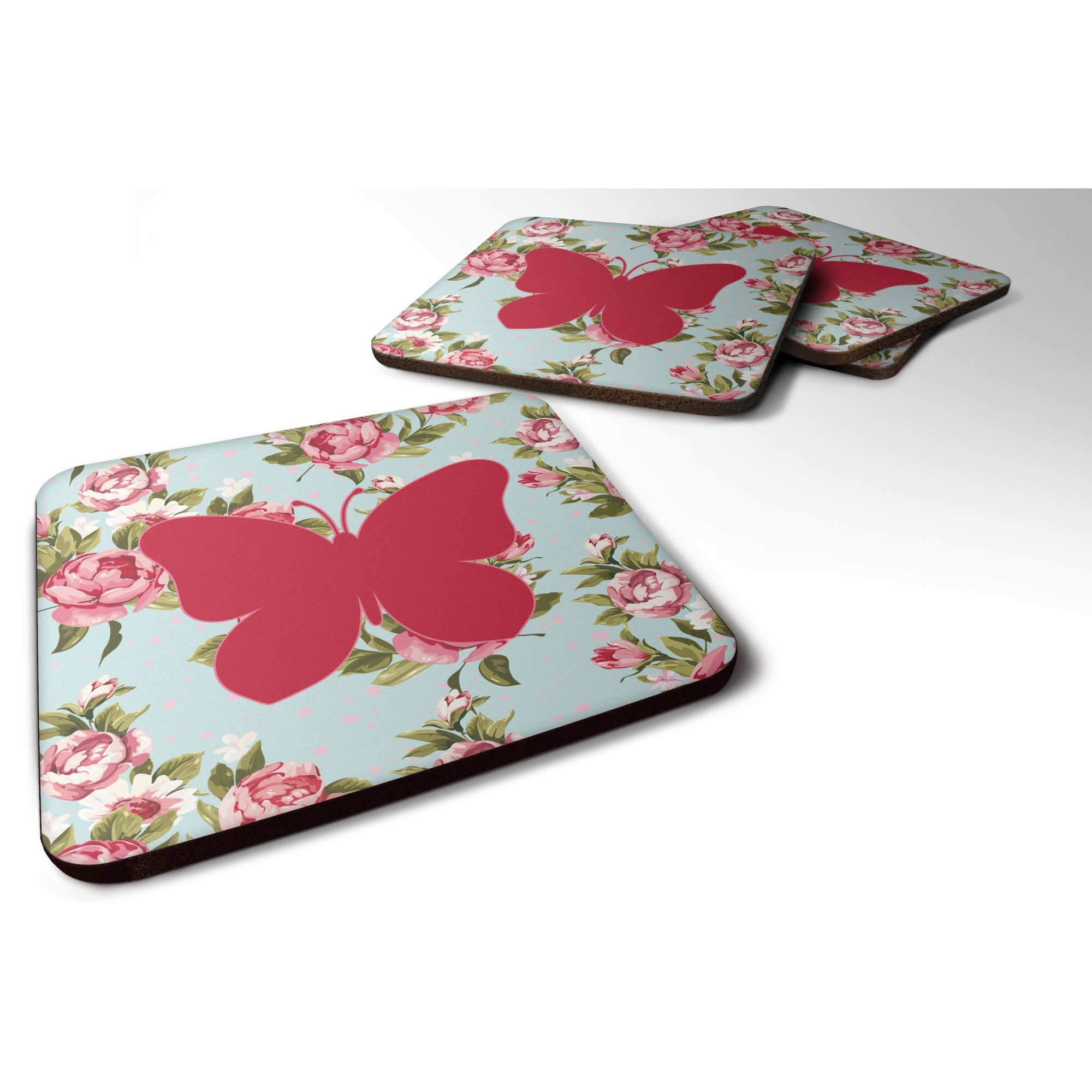 &quotCaroline's Treasures BB1047-RS-BU-FC Butterfly Shabby Chic Blue Roses Foam Coasters (Set of 4), 3.5"" H x 3.5"" W, Multicolor"