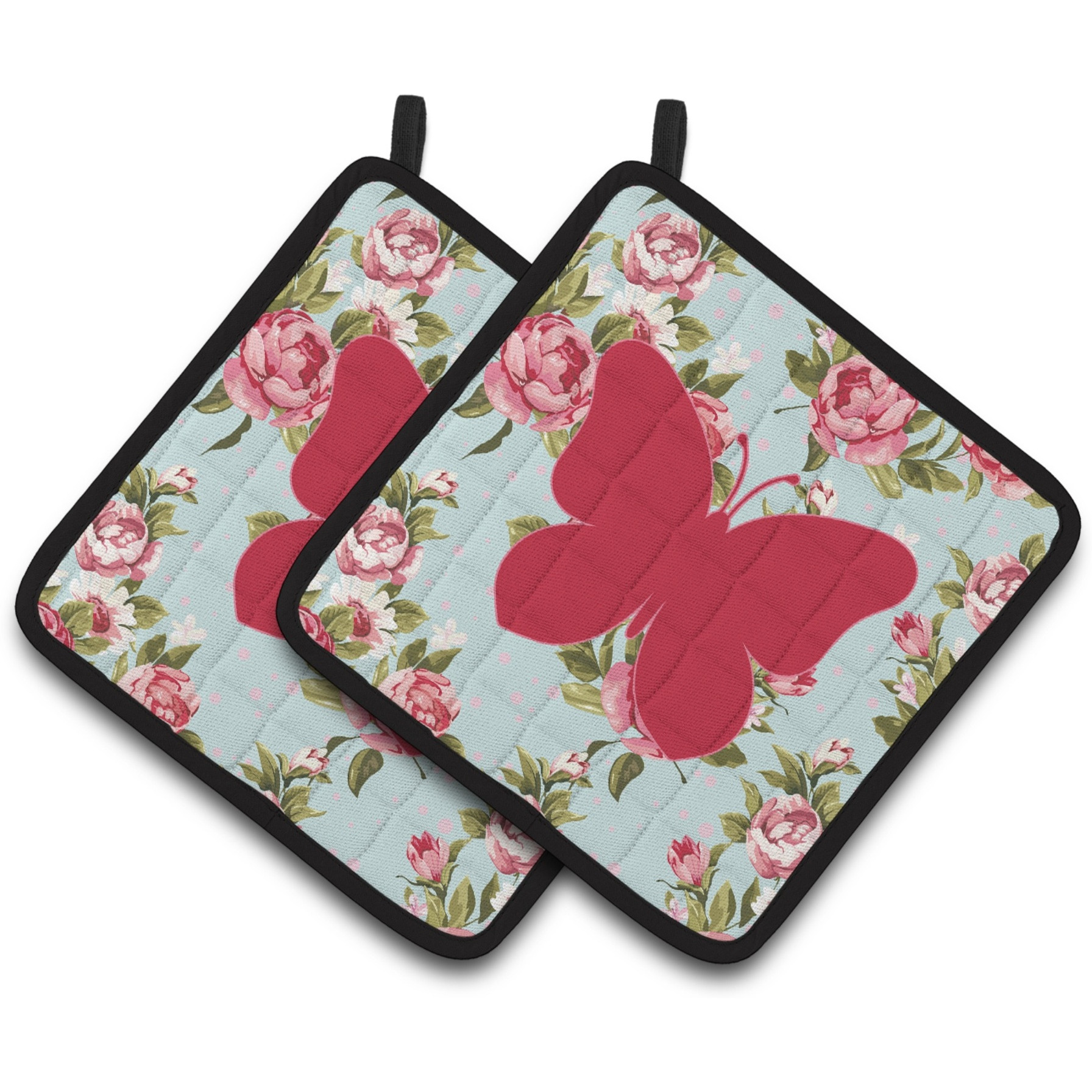 &quotCaroline's Treasures Butterfly Shabby Chic Blue Roses Pair of Pot Holders BB1047-RS-BU-PTHD, 7.5HX7.5W, Multicolor"