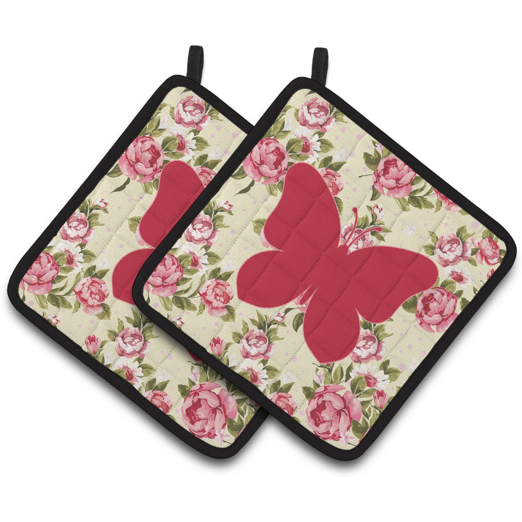 &quotCaroline's Treasures Butterfly Shabby Chic Yellow Roses Pair of Pot Holders BB1047-RS-YW-PTHD, 7.5HX7.5W, Multicolor"