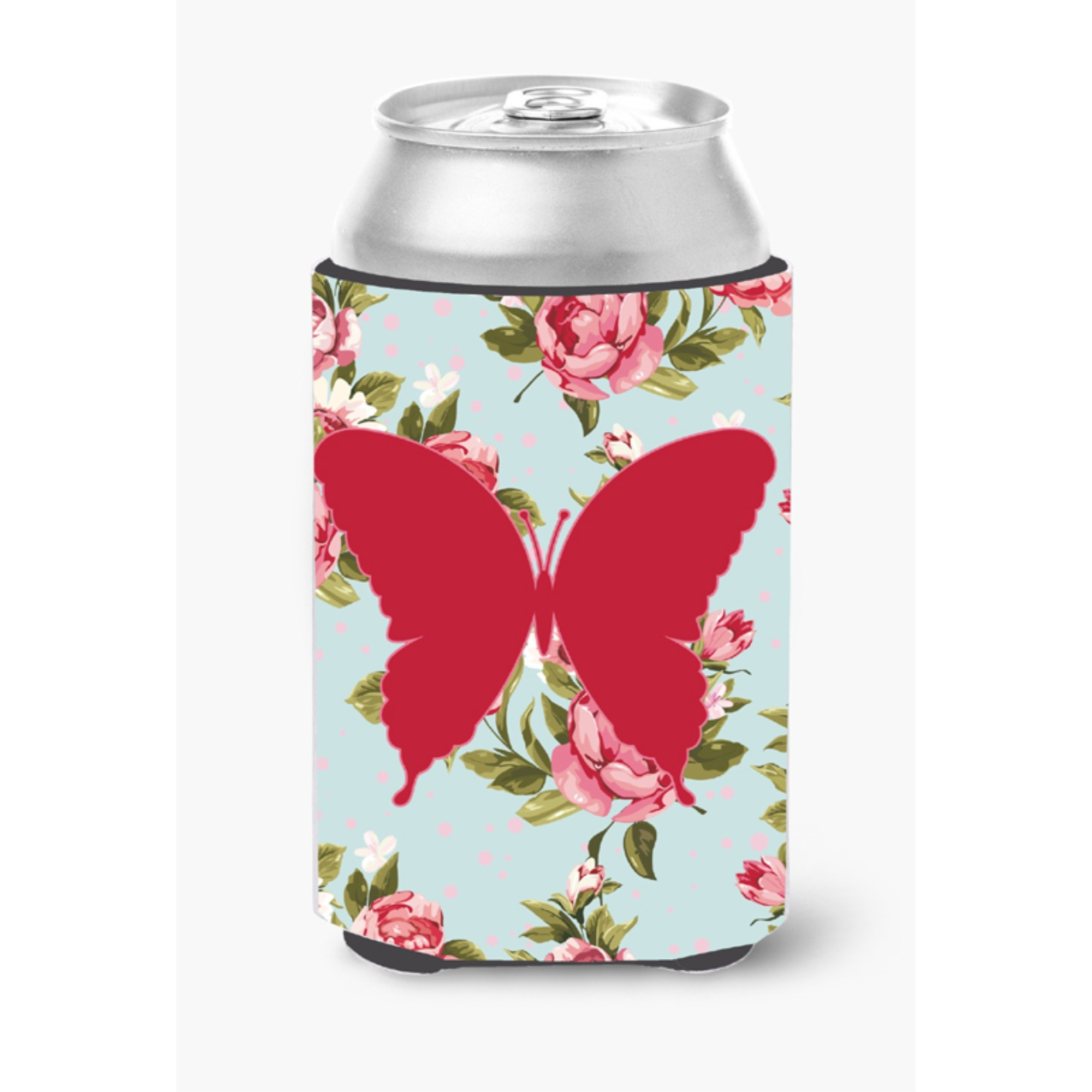 Butterfly Shabby Chic Blue Roses Can or Bottle Beverage Insulator Hugger BB1048