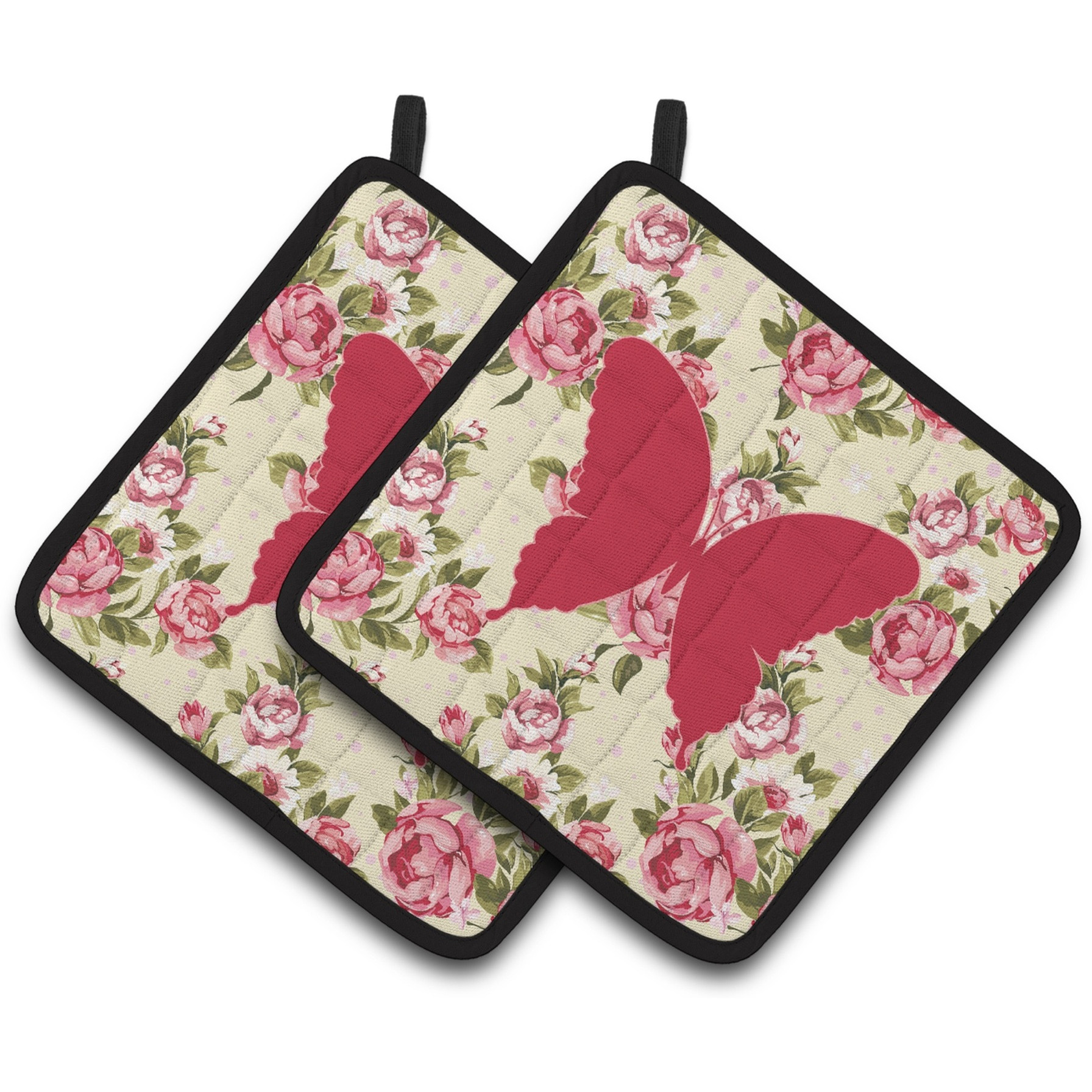 &quotCaroline's Treasures Butterfly Shabby Chic Yellow Roses Pair of Pot Holders BB1048-RS-YW-PTHD, 7.5HX7.5W, Multicolor"