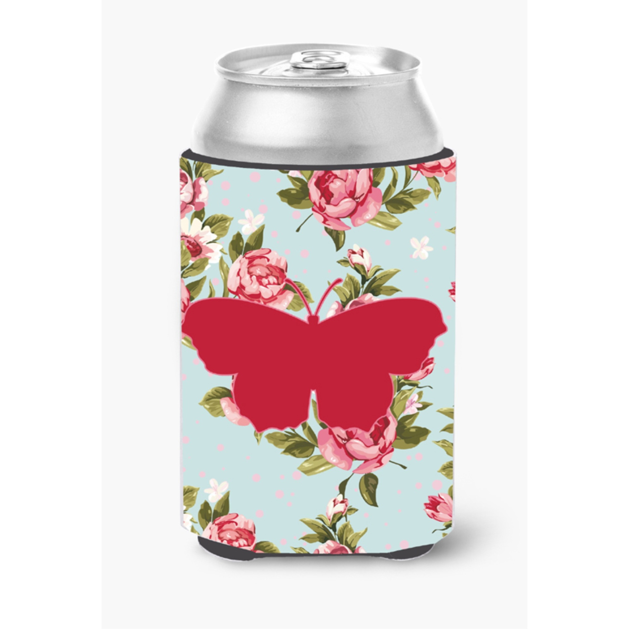 Butterfly Shabby Chic Blue Roses Can or Bottle Beverage Insulator Hugger BB1049