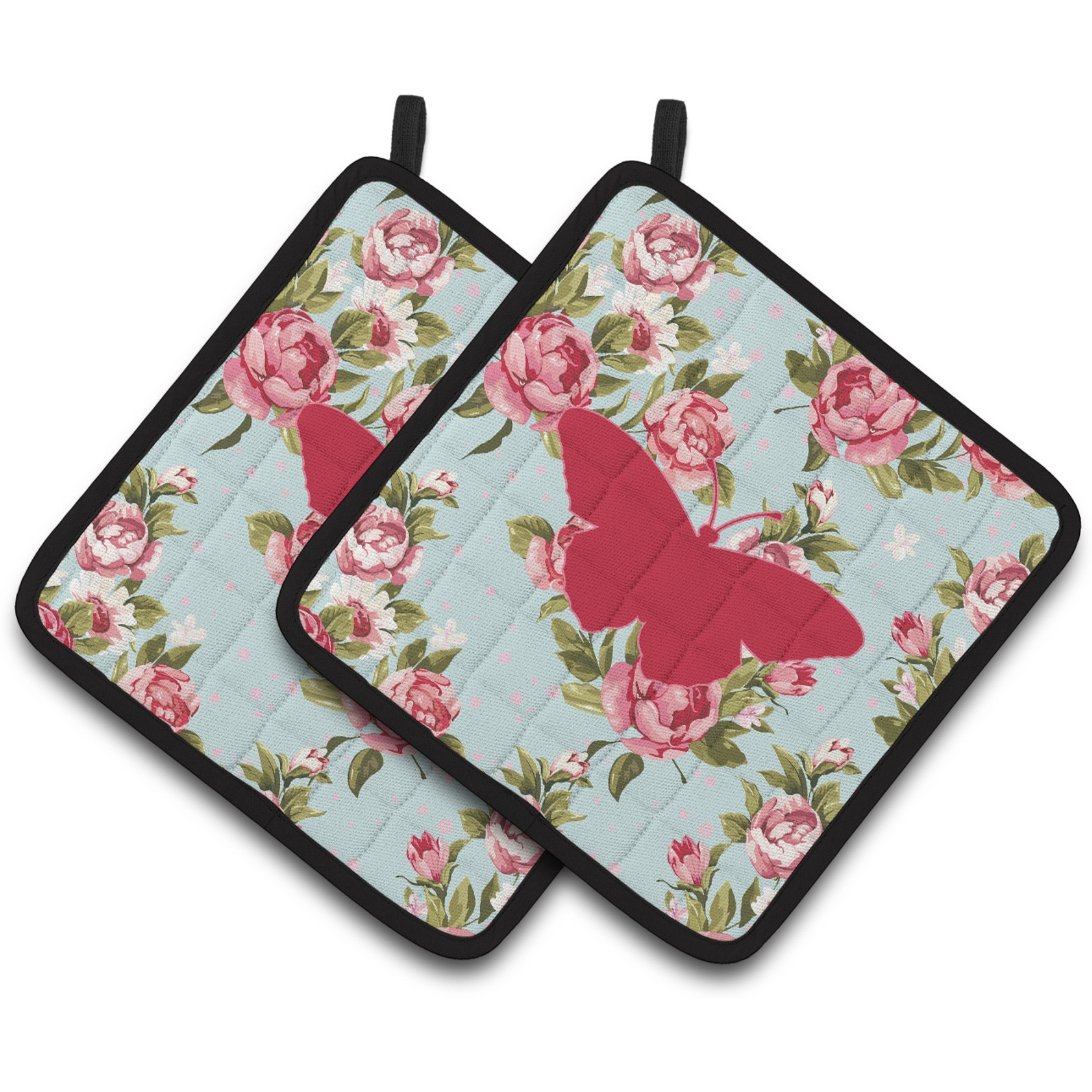 &quotCaroline's Treasures Butterfly Shabby Chic Blue Roses Pair of Pot Holders BB1050-RS-BU-PTHD, 7.5HX7.5W, Multicolor"