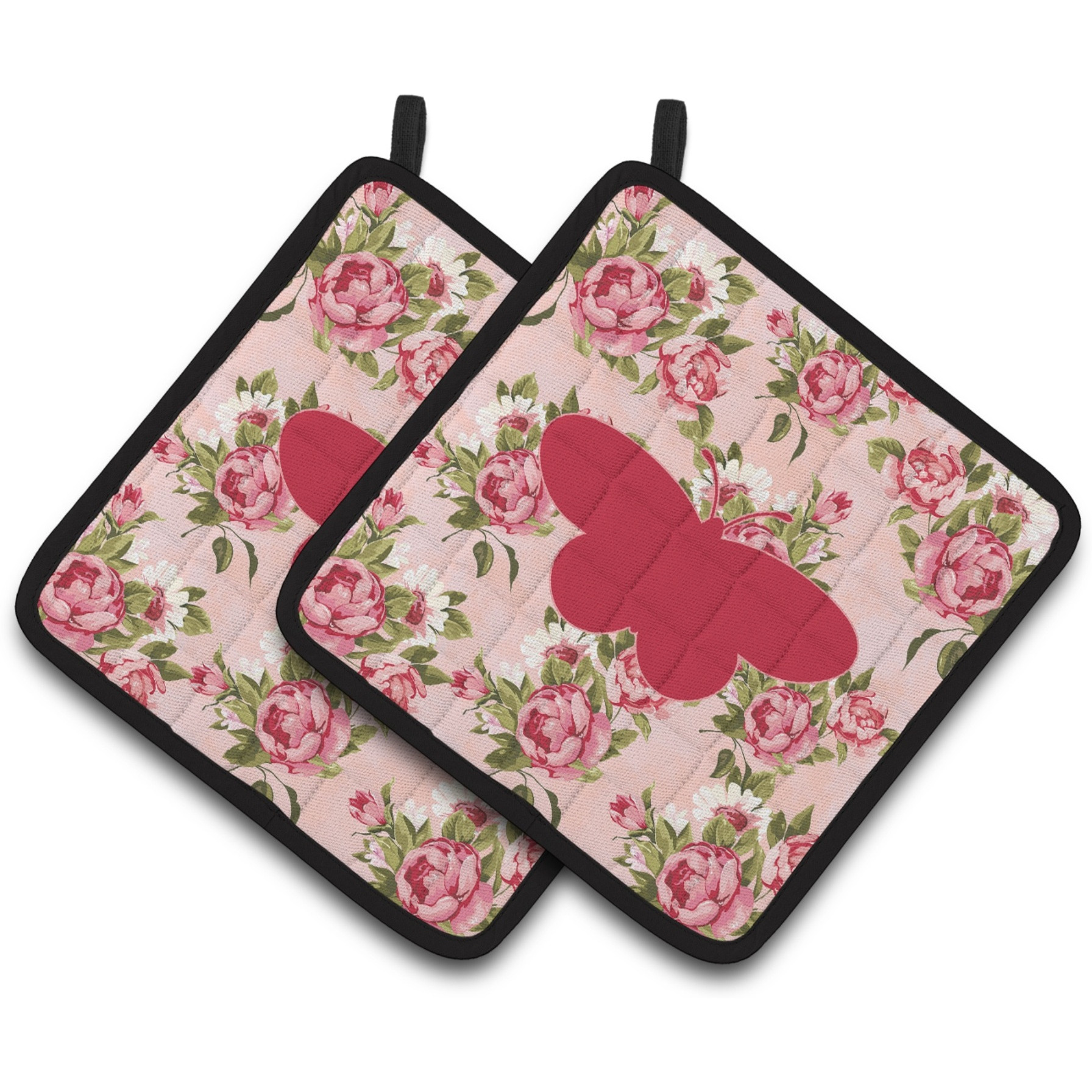 &quotCaroline's Treasures BB1051-RS-PK-PTHD Butterfly Shabby Chic Pink Roses Pot Holders (1 Pair), 7.5"" x 7.5"", Multicolor"