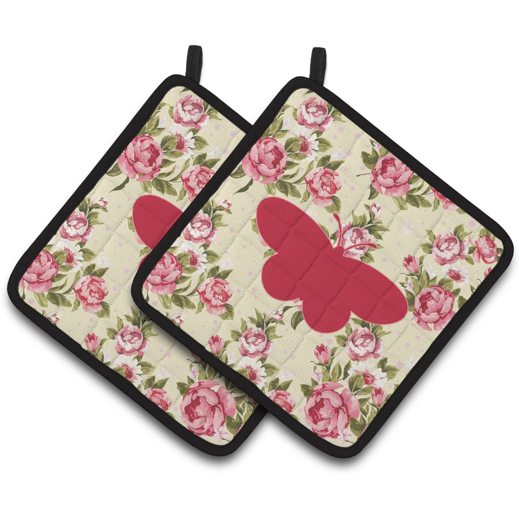 &quotCaroline's Treasures Butterfly Shabby Chic Yellow Roses Pair of Pot Holders BB1051-RS-YW-PTHD, 7.5HX7.5W, Multicolor"