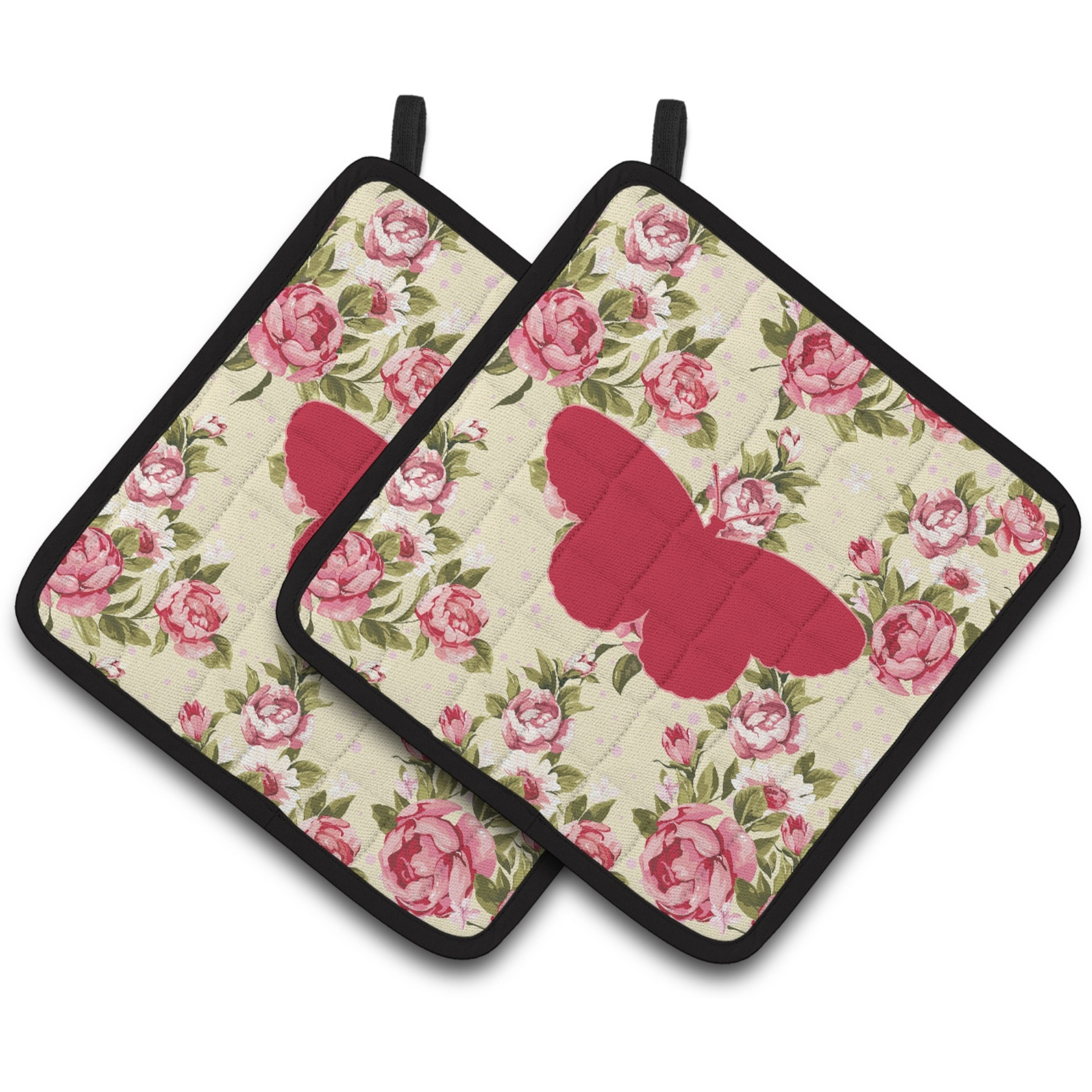&quotCaroline's Treasures Butterfly Shabby Chic Yellow Roses Pair of Pot Holders BB1052-RS-YW-PTHD, 7.5HX7.5W, Multicolor"