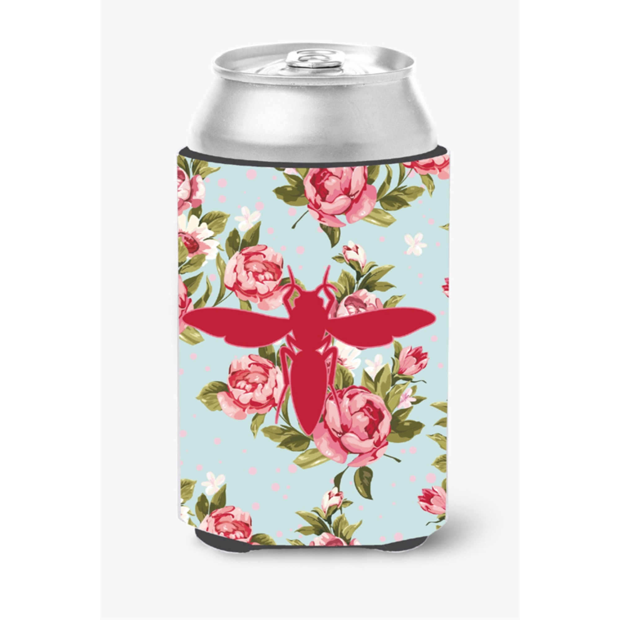 Yellow Jacket Shabby Chic Blue Roses Can or Bottle Beverage Insulator Hugger BB1053