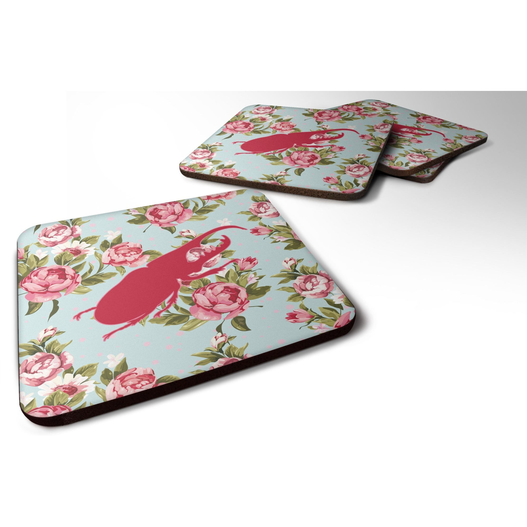 &quotCaroline's Treasures BB1056-RS-BU-FC Beetle Shabby Chic Blue Roses Foam Coasters (Set of 4), 3.5"" H x 3.5"" W, Multicolor"