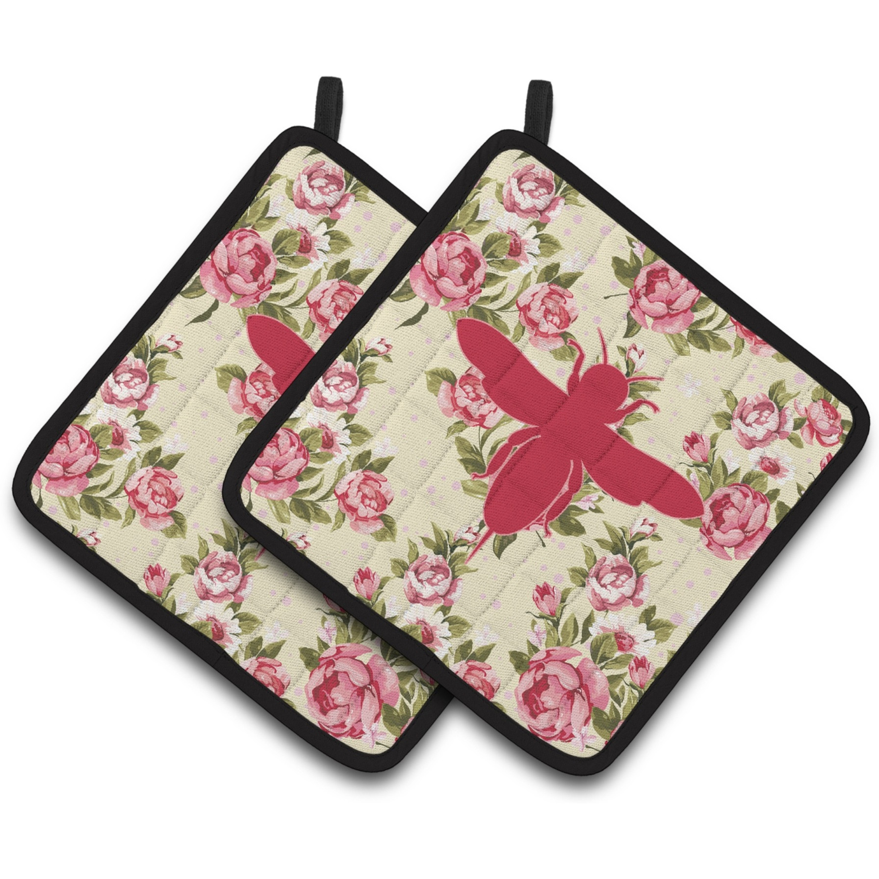 &quotCaroline's Treasures Bee Shabby Chic Yellow Roses Pair of Pot Holders BB1057-RS-YW-PTHD, 7.5HX7.5W, Multicolor"