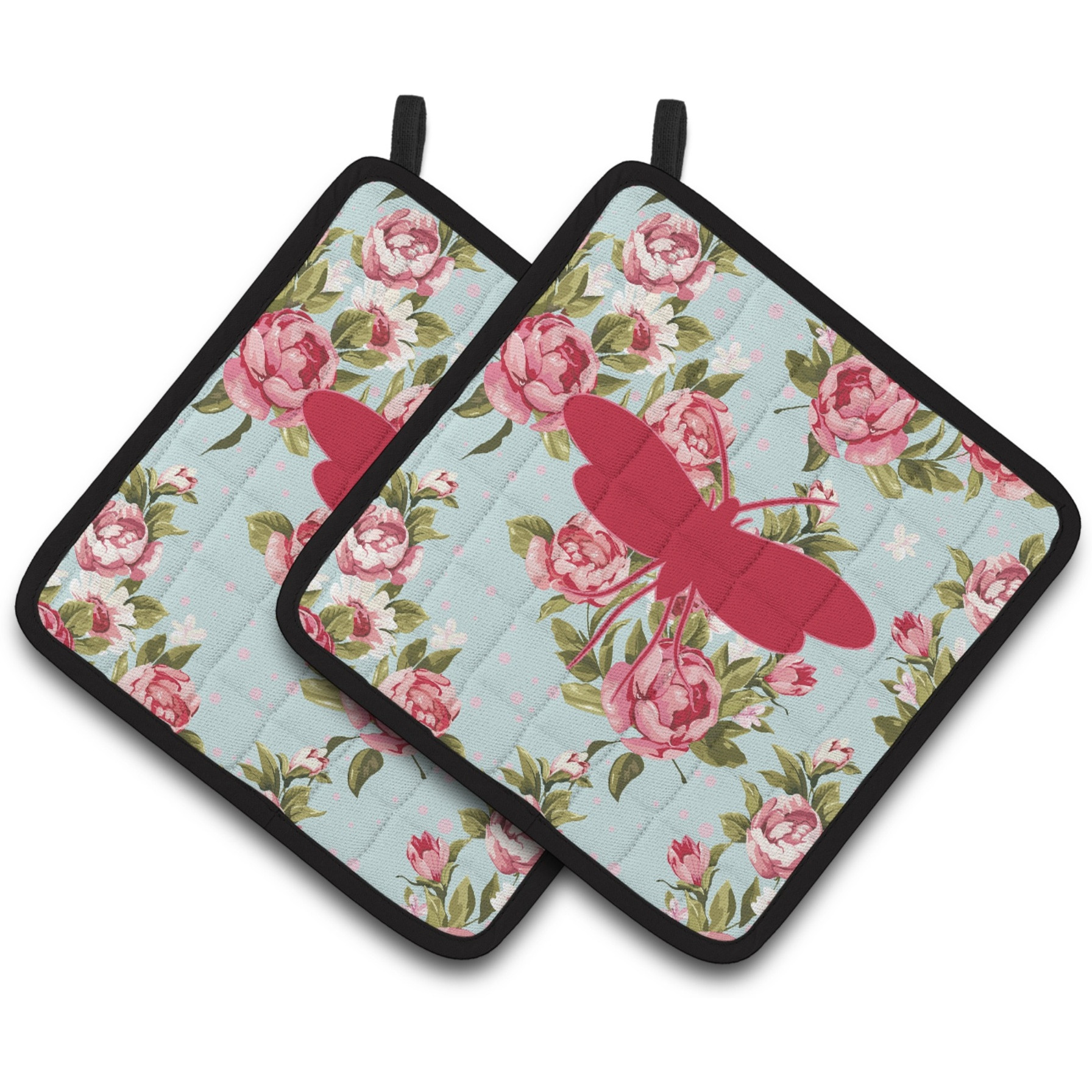 &quotCaroline's Treasures Moth Shabby Chic Blue Roses Pair of Pot Holders BB1058-RS-BU-PTHD, 7.5HX7.5W, Multicolor"