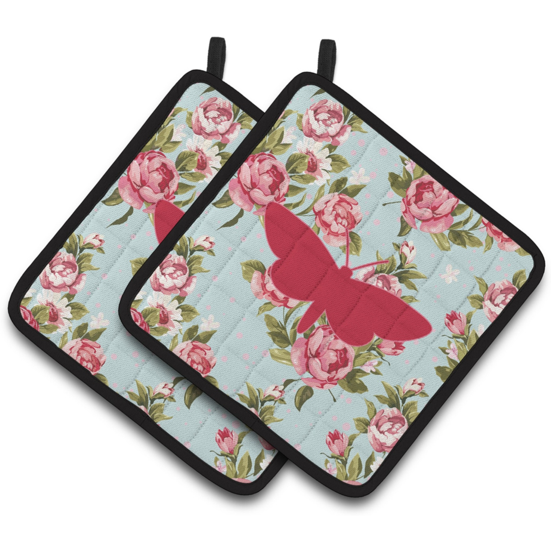 &quotCaroline's Treasures Moth Shabby Chic Blue Roses Pair of Pot Holders BB1059-RS-BU-PTHD, 7.5HX7.5W, Multicolor"