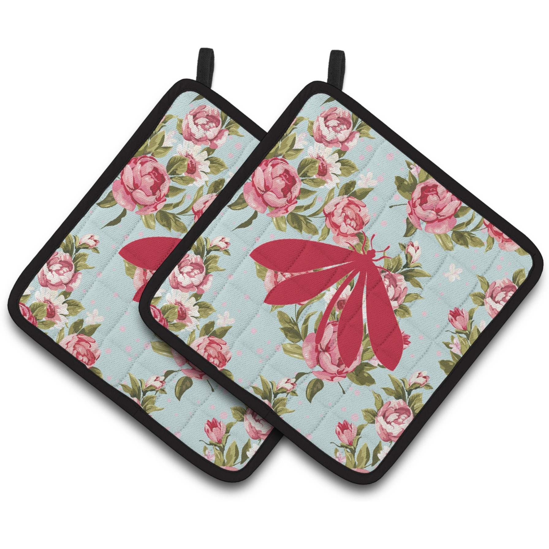 &quotCaroline's Treasures Moth Shabby Chic Blue Roses Pair of Pot Holders BB1060-RS-BU-PTHD, 7.5HX7.5W, Multicolor"