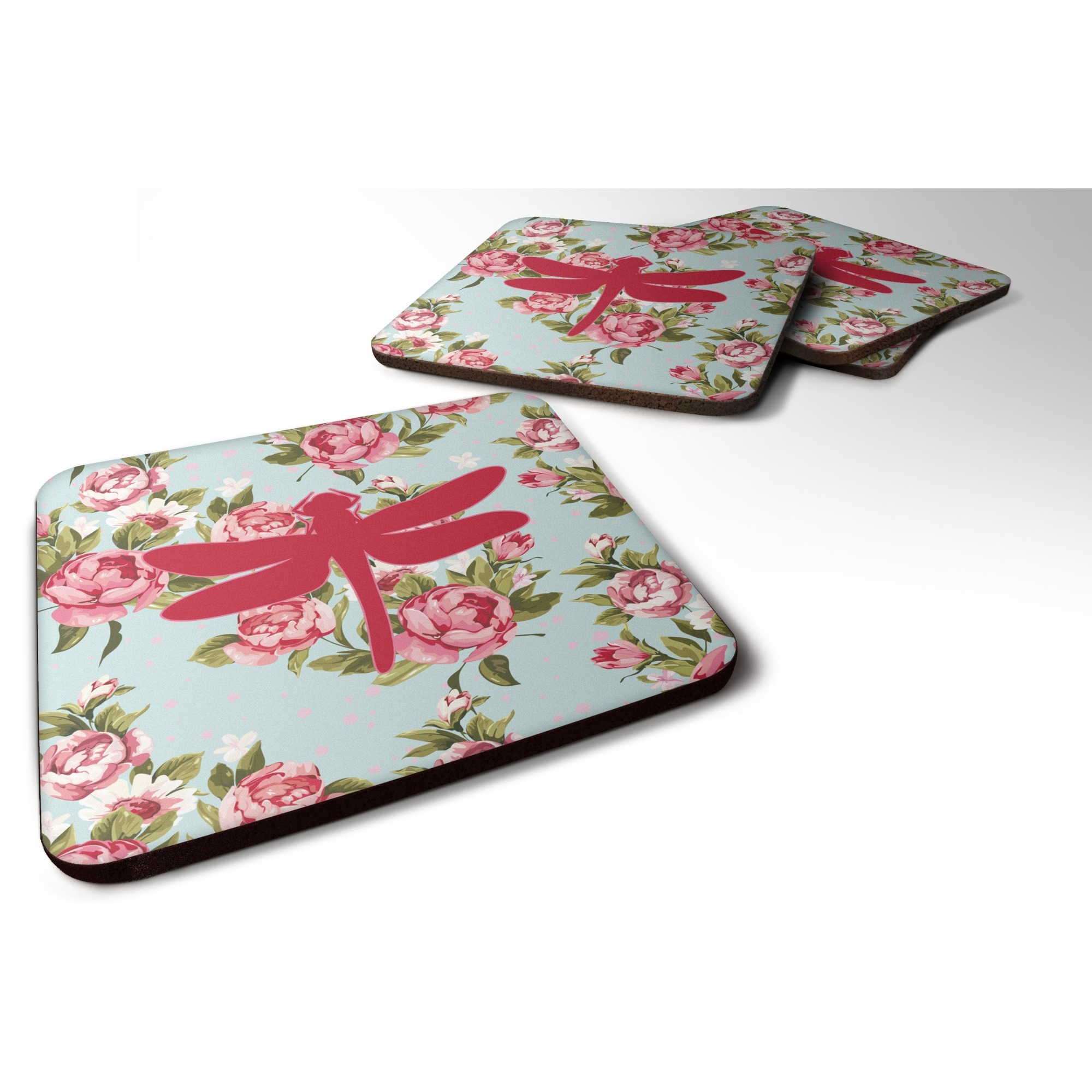 &quotCaroline's Treasures BB1062-RS-BU-FC Dragonfly Shabby Chic Blue Roses Foam Coasters (Set of 4), 3.5"" H x 3.5"" W, Multicolor"
