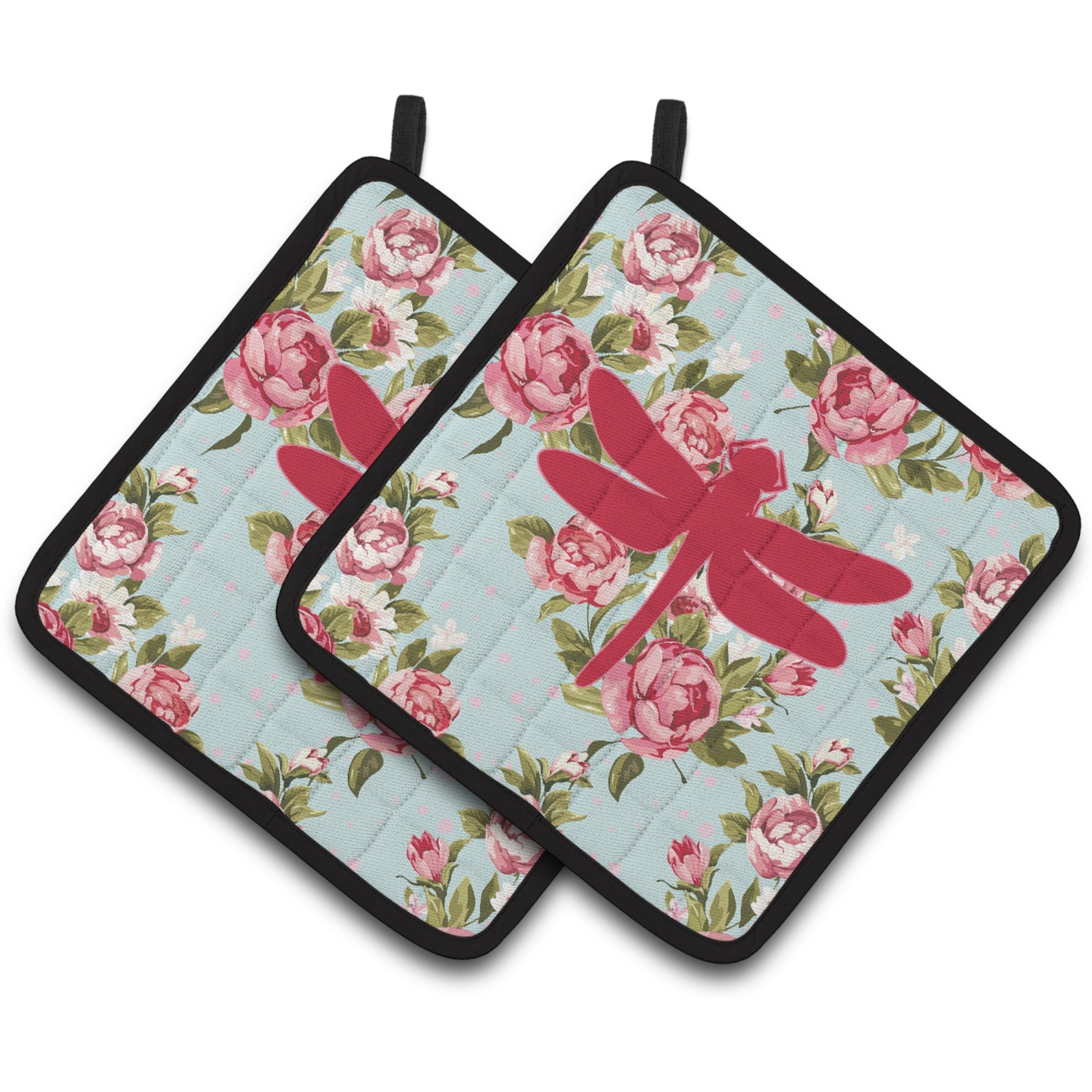 &quotCaroline's Treasures Dragonfly Shabby Chic Blue Roses Pair of Pot Holders BB1062-RS-BU-PTHD, 7.5HX7.5W, Multicolor"