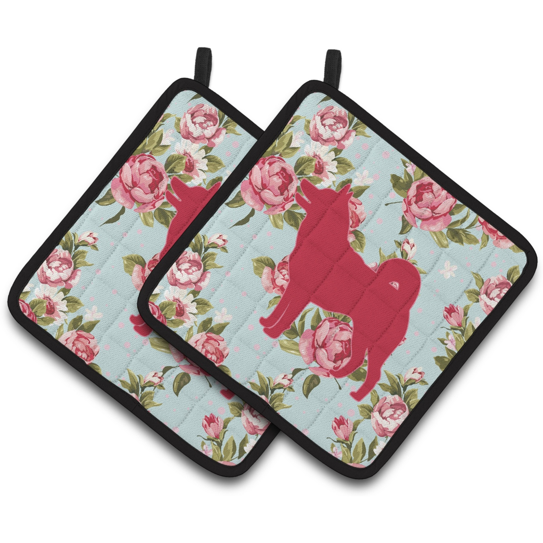 &quotCaroline's Treasures Shiba Inu Shabby Chic Blue Roses Pair of Pot Holders BB1067-RS-BU-PTHD, 7.5HX7.5W, Multicolor"