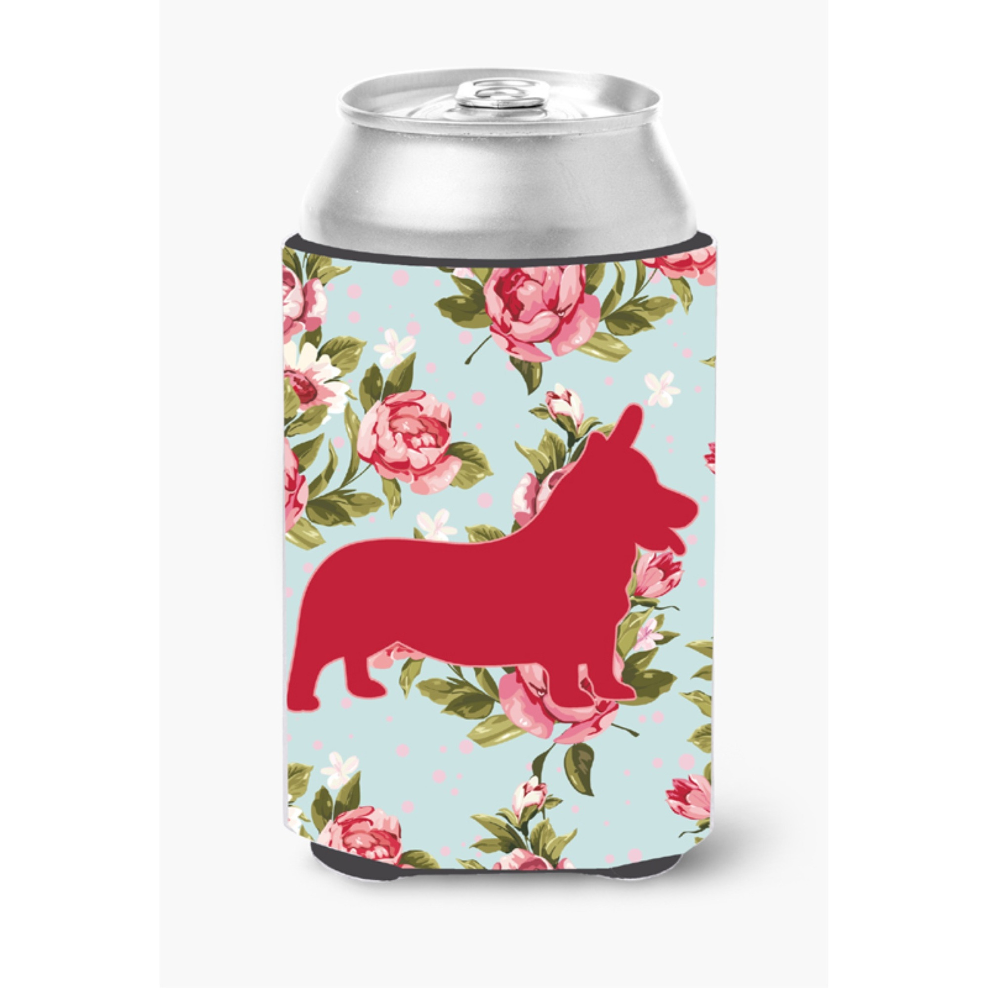 Corgi Shabby Chic Blue Roses Can or Bottle Beverage Insulator Hugger BB1069