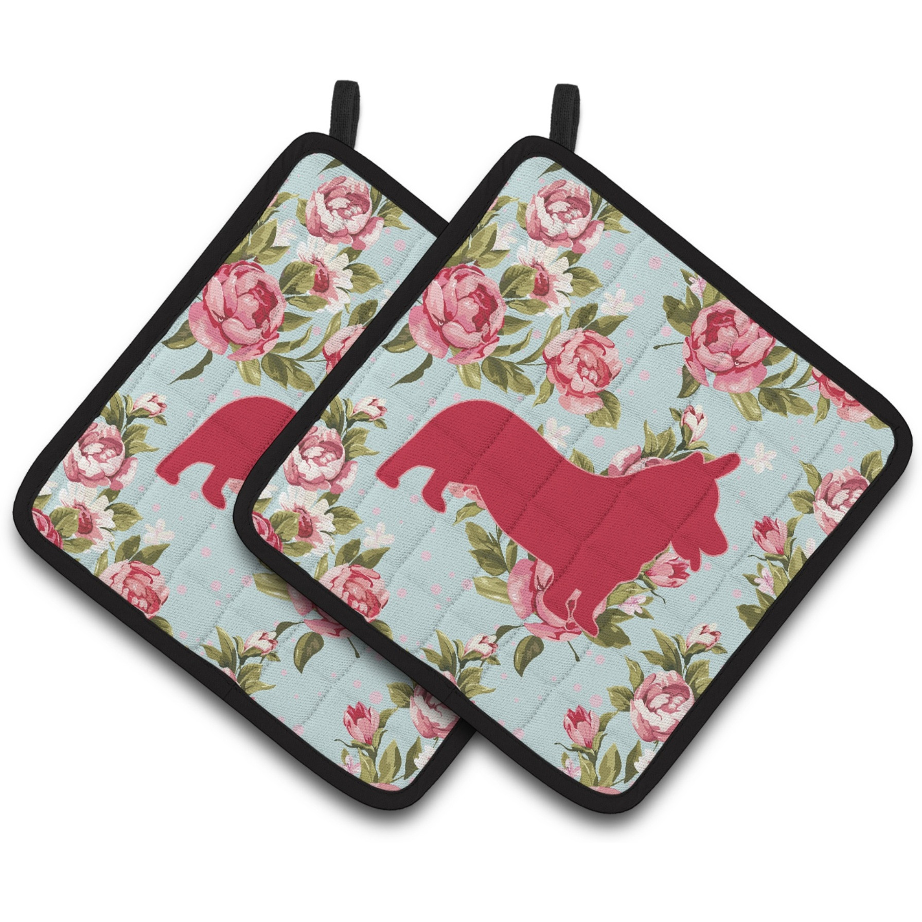 &quotCaroline's Treasures Corgi Shabby Chic Blue Roses Pair of Pot Holders BB1069-RS-BU-PTHD, 7.5HX7.5W, Multicolor"