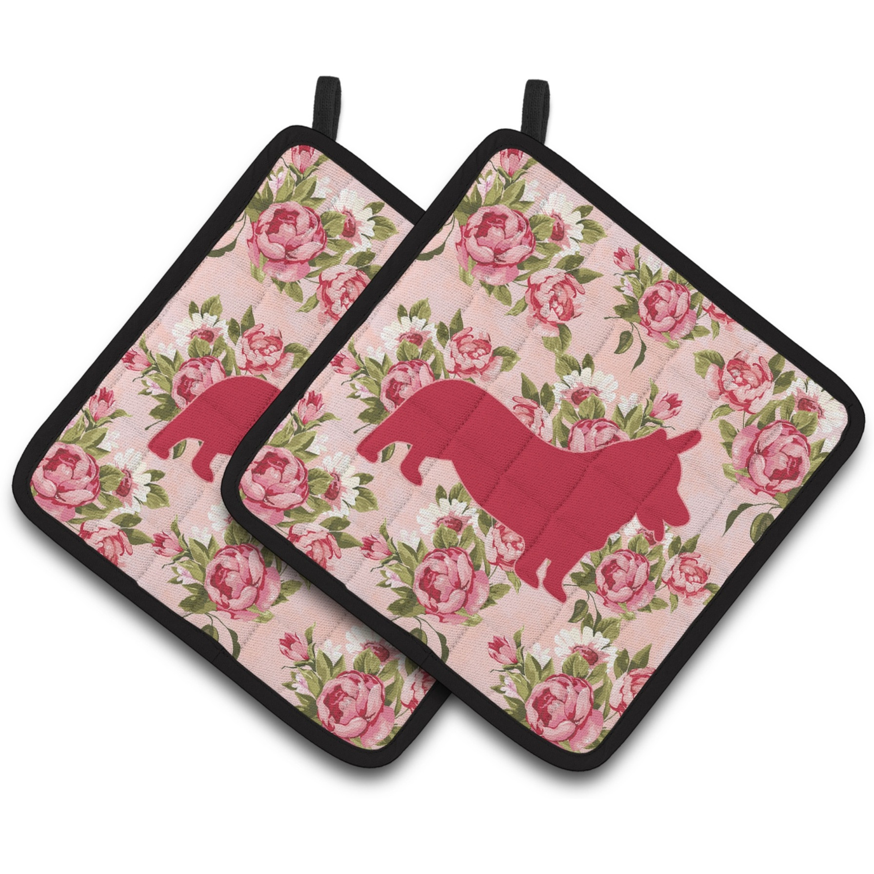 &quotCaroline's Treasures BB1069-RS-PK-PTHD Corgi Shabby Chic Pink Roses Pot Holders (1 Pair), 7.5"" x 7.5"", Multicolor"