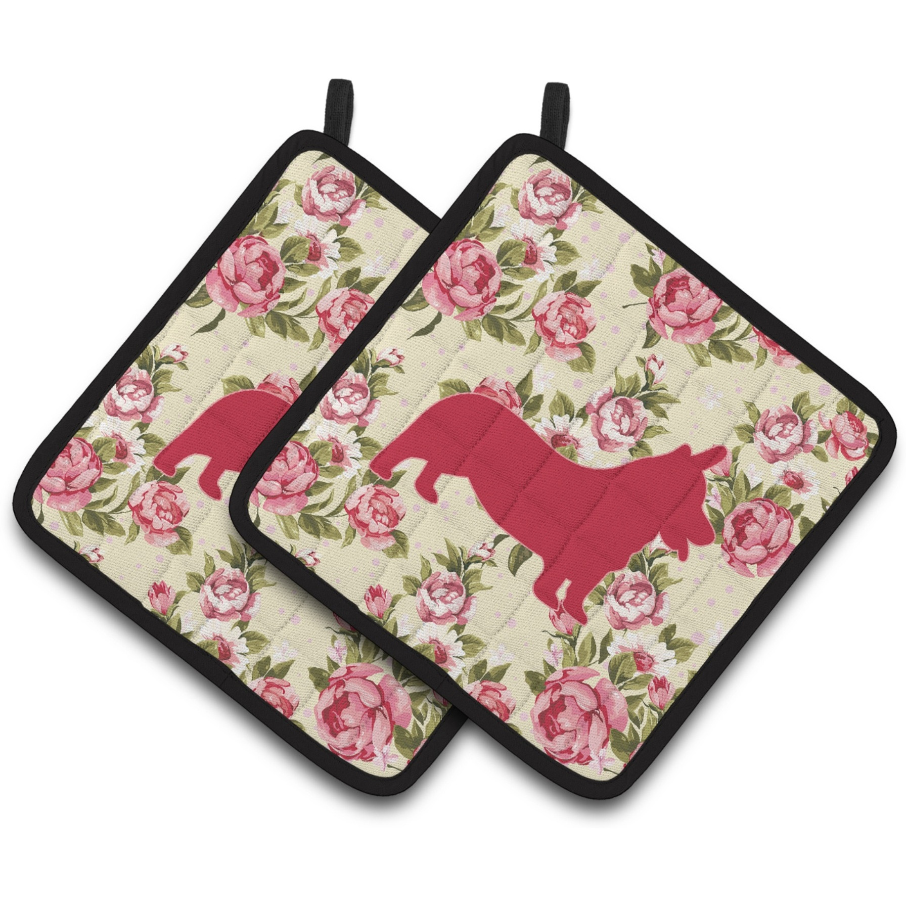 &quotCaroline's Treasures Corgi Shabby Chic Yellow Roses Pair of Pot Holders BB1069-RS-YW-PTHD, 7.5HX7.5W, Multicolor"