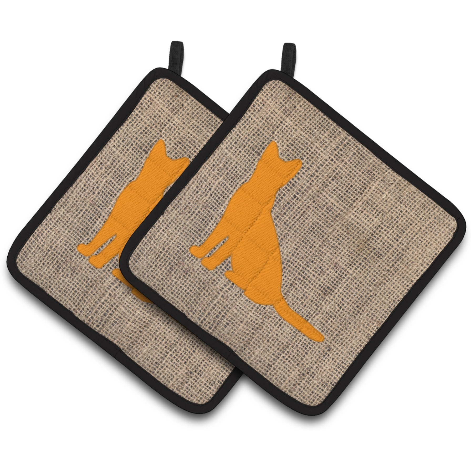 &quotCaroline's Treasures Cat Faux Burlap & Orange Pair of Pot Holders BB1071-BL-OR-PTHD, 7.5HX7.5W, Multicolor"