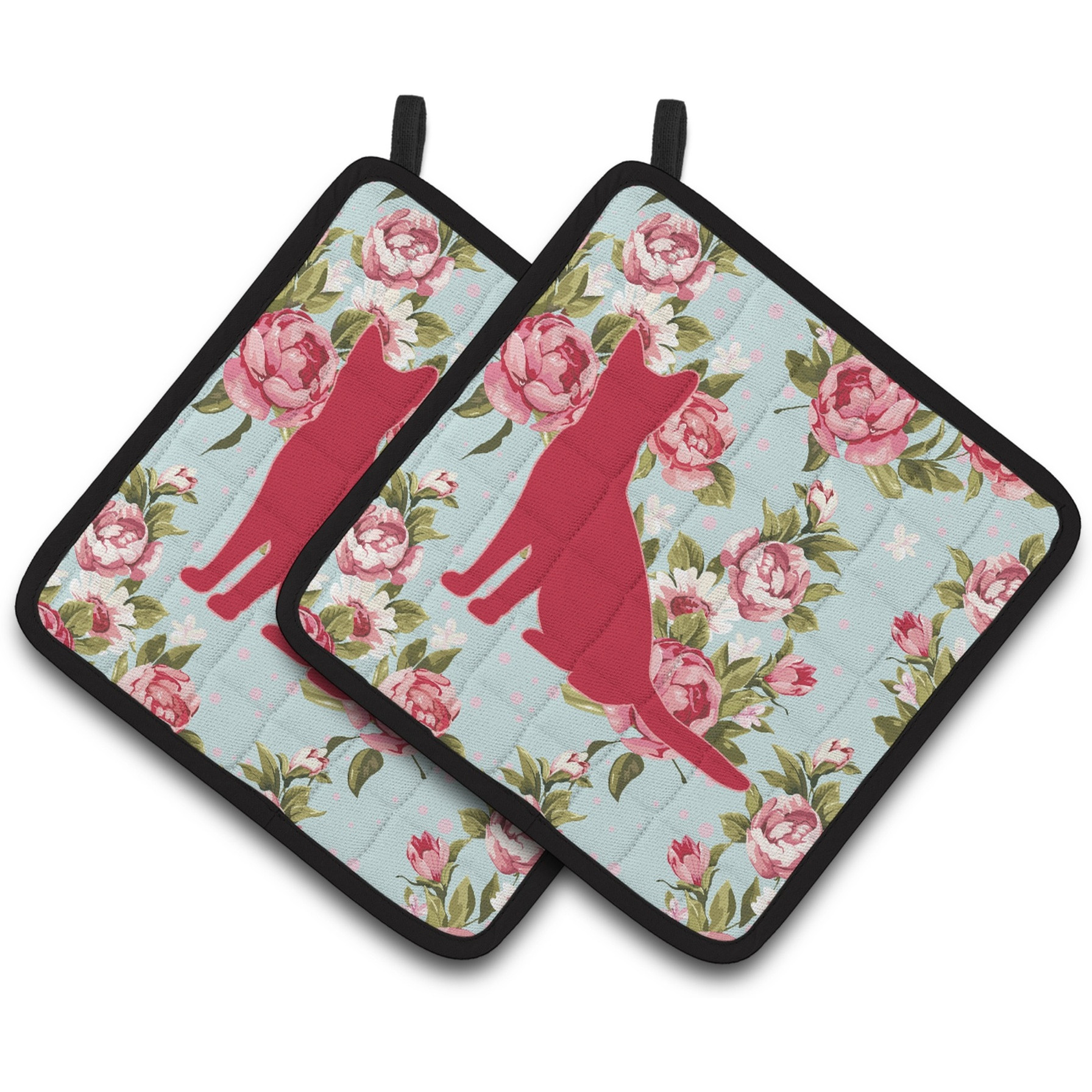 &quotCaroline's Treasures Cat Shabby Chic Blue Roses Pair of Pot Holders BB1071-RS-BU-PTHD, 7.5HX7.5W, Multicolor"