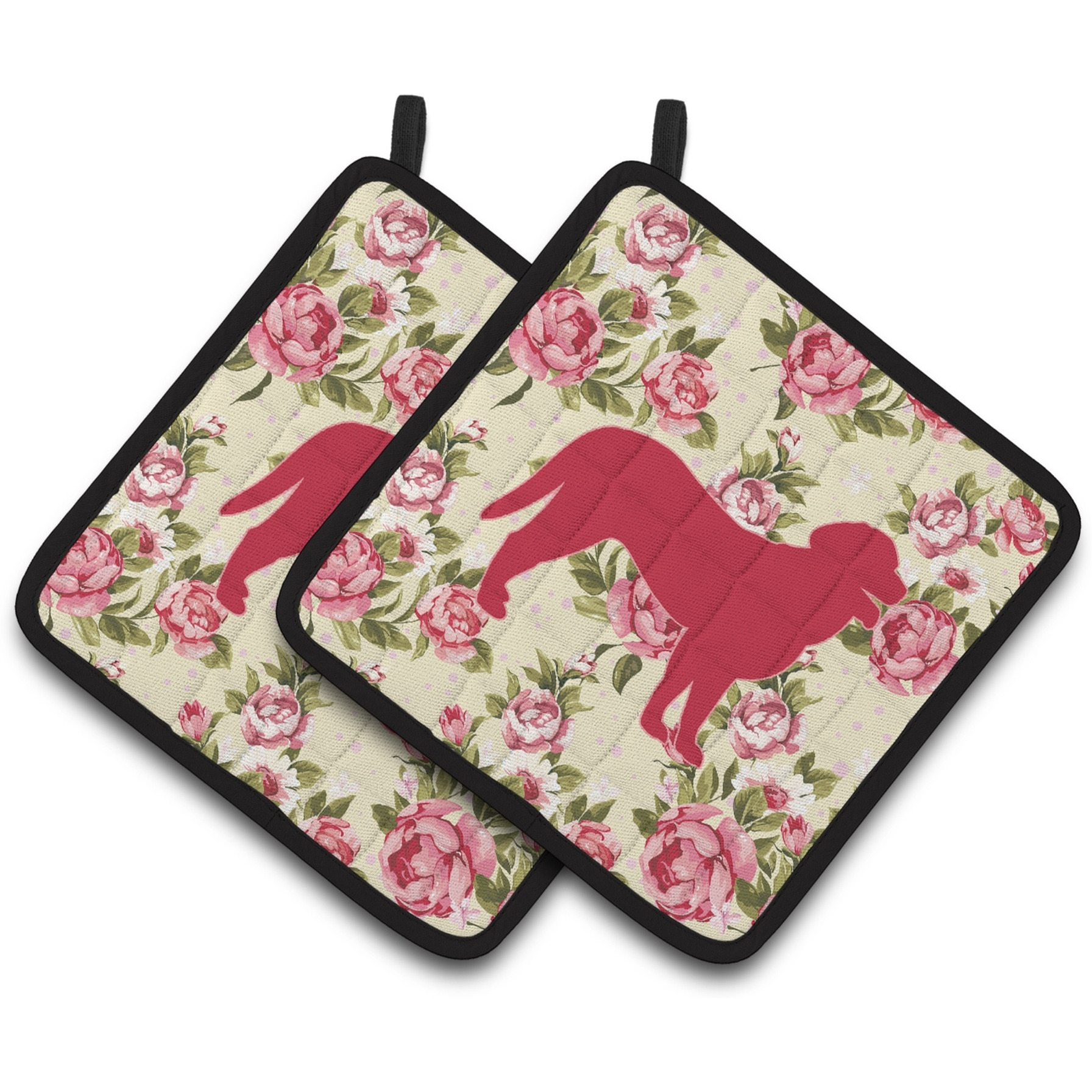 &quotCaroline's Treasures Curly Coated Retriever Shabby Chic Yellow Roses Pair of Pot Holders BB1074-RS-YW-PTHD, 7.5HX7.5W, Multicolor"