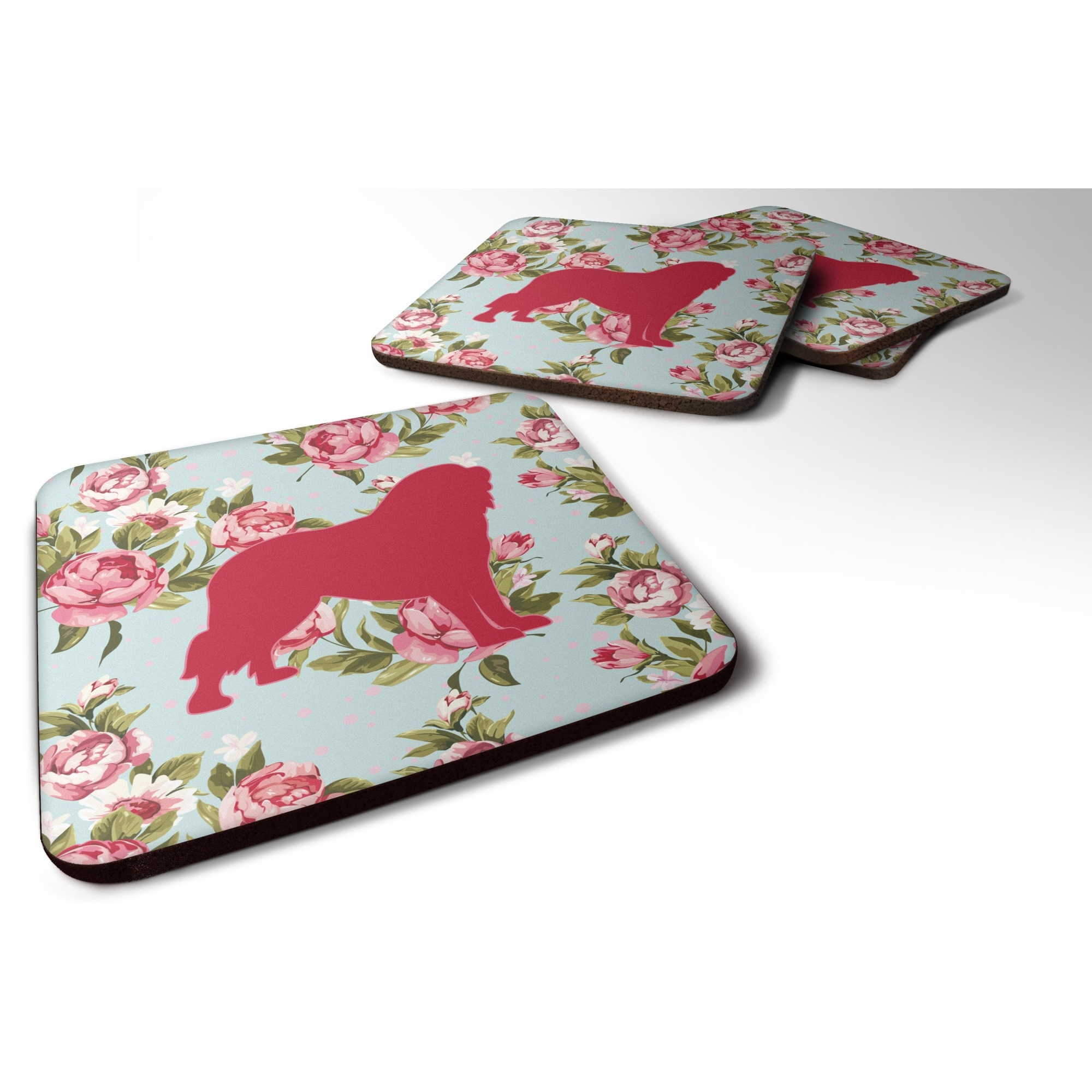 &quotCaroline's Treasures BB1077-RS-BU-FC Tibetial Mastiff Shabby Chic Blue Roses Foam Coasters (Set of 4), 3.5"" H x 3.5"" W, Multicolor"