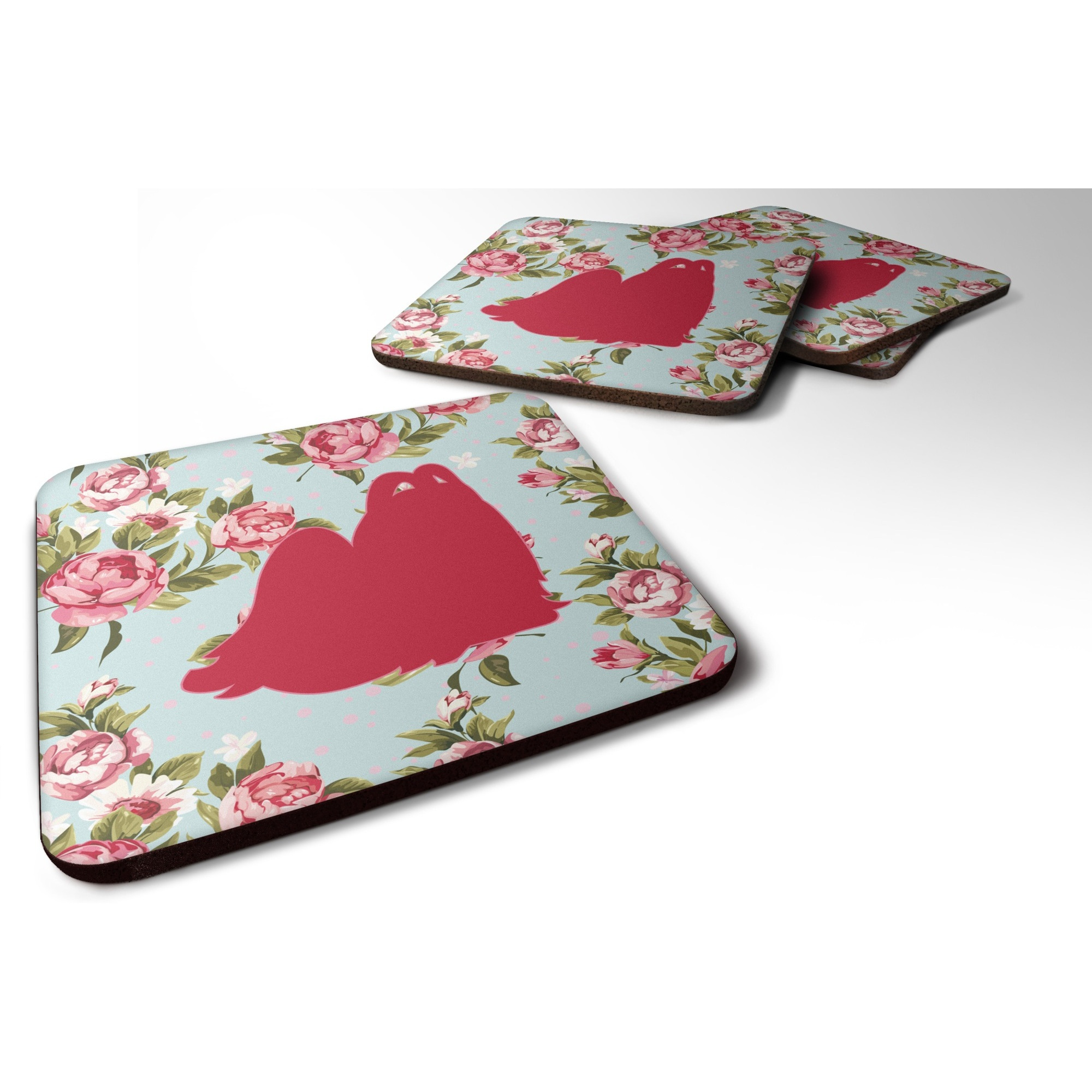 &quotCaroline's Treasures BB1079-RS-BU-FC Maltese Shabby Chic Blue Roses Foam Coasters (Set of 4), 3.5"" H x 3.5"" W, Multicolor"